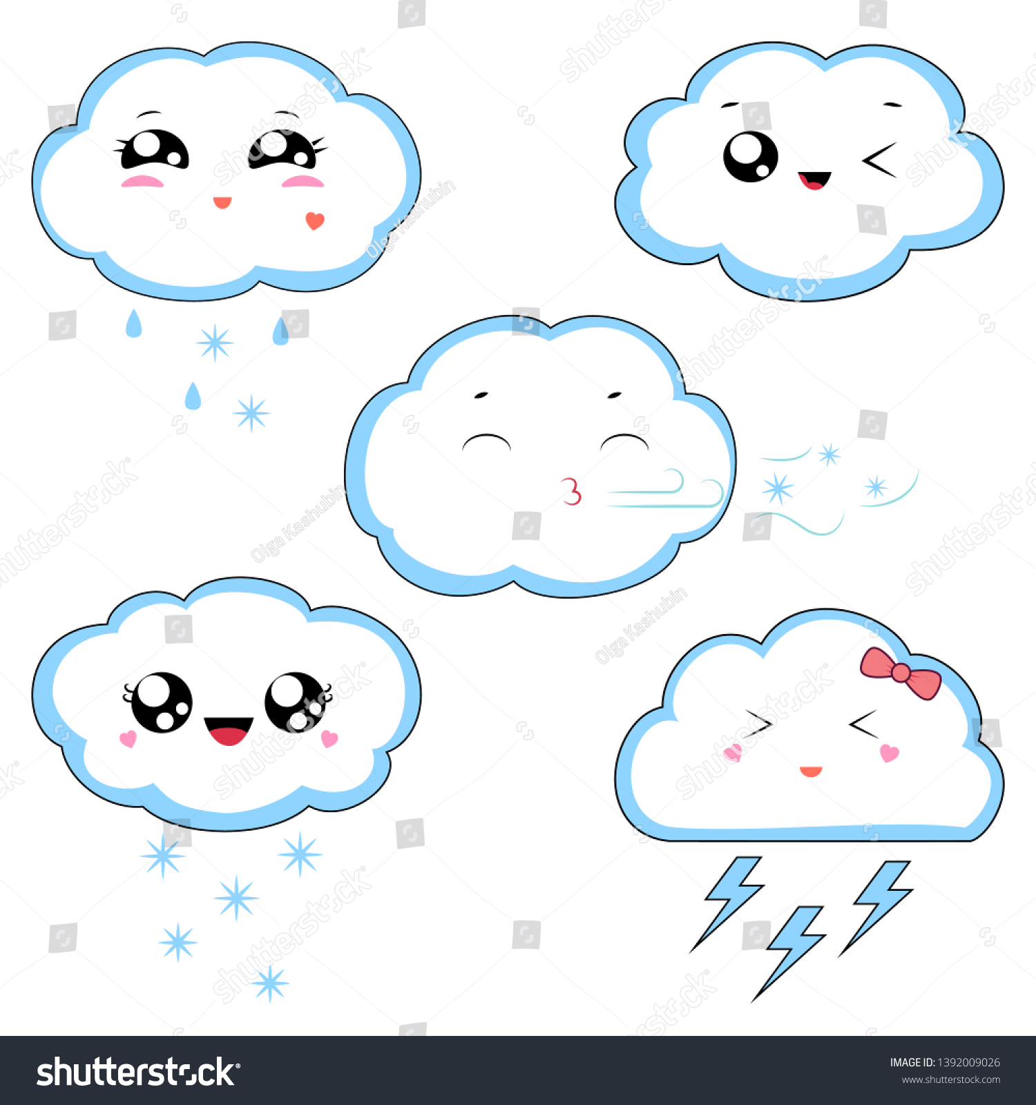 Kawaii Weather Cute Clouds Characters Set Stock Vector (Royalty Free ...