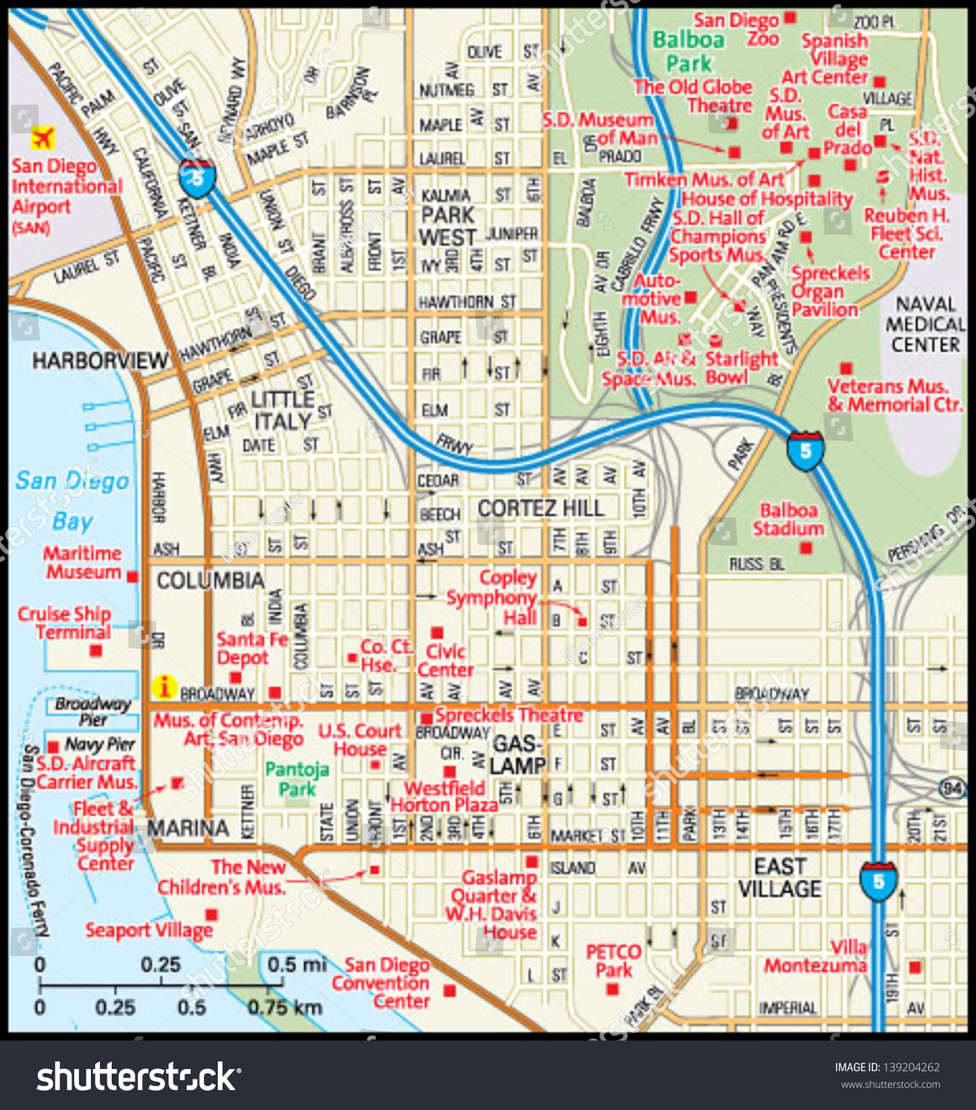 San Diego California Downtown Map Stock Vector (Royalty Free) 139204262 ...