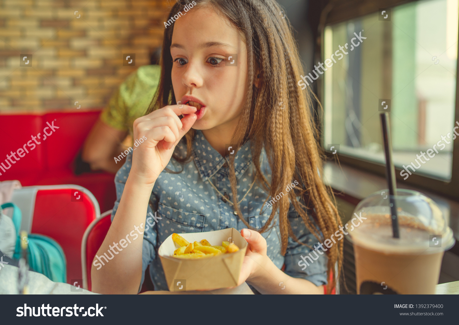 Portrait Little Girl Fast Food Restaurant Stock Photo 1392379400 ...