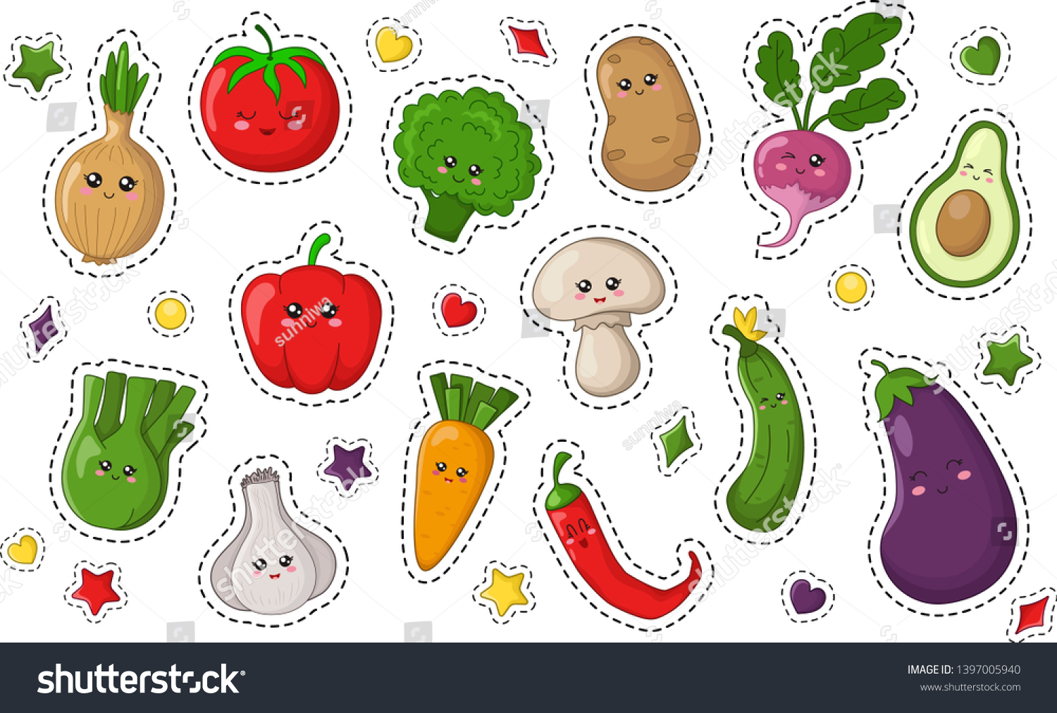 Set Kawaii Sticker Patch Food Vegetables Stock Vector Royalty Free Shutterstock