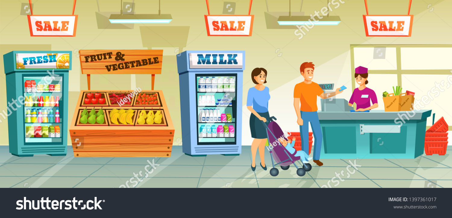 Supermarket Buyers Young Family Near Cashiers Stock Vector (Royalty ...