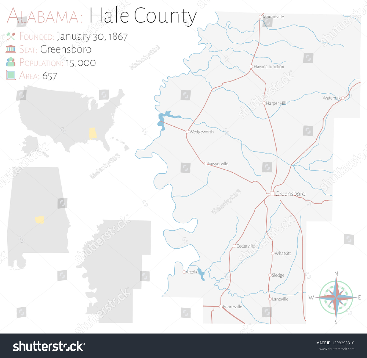 Large Detailed Map Hale County Alabama เวกเตอร์สต็อก ปลอดค่าลิขสิทธิ์ 1398298310 Shutterstock 2900