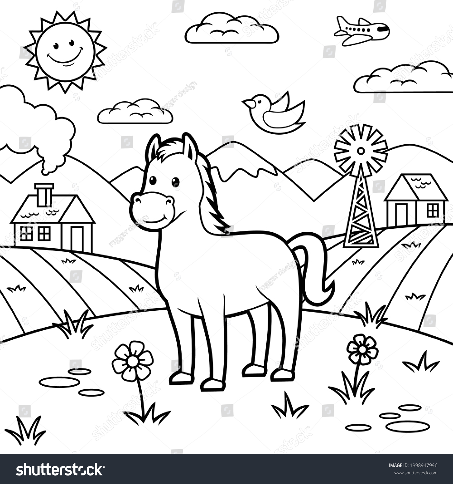 Раскраска ферма с лошадками