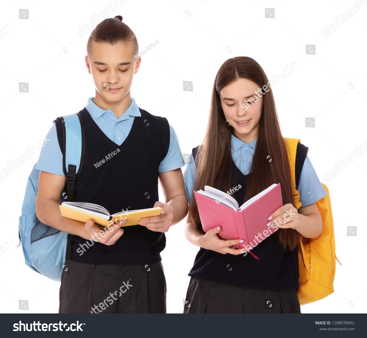 Portrait Teenagers School Uniform Books Backpacks Stock Photo ...