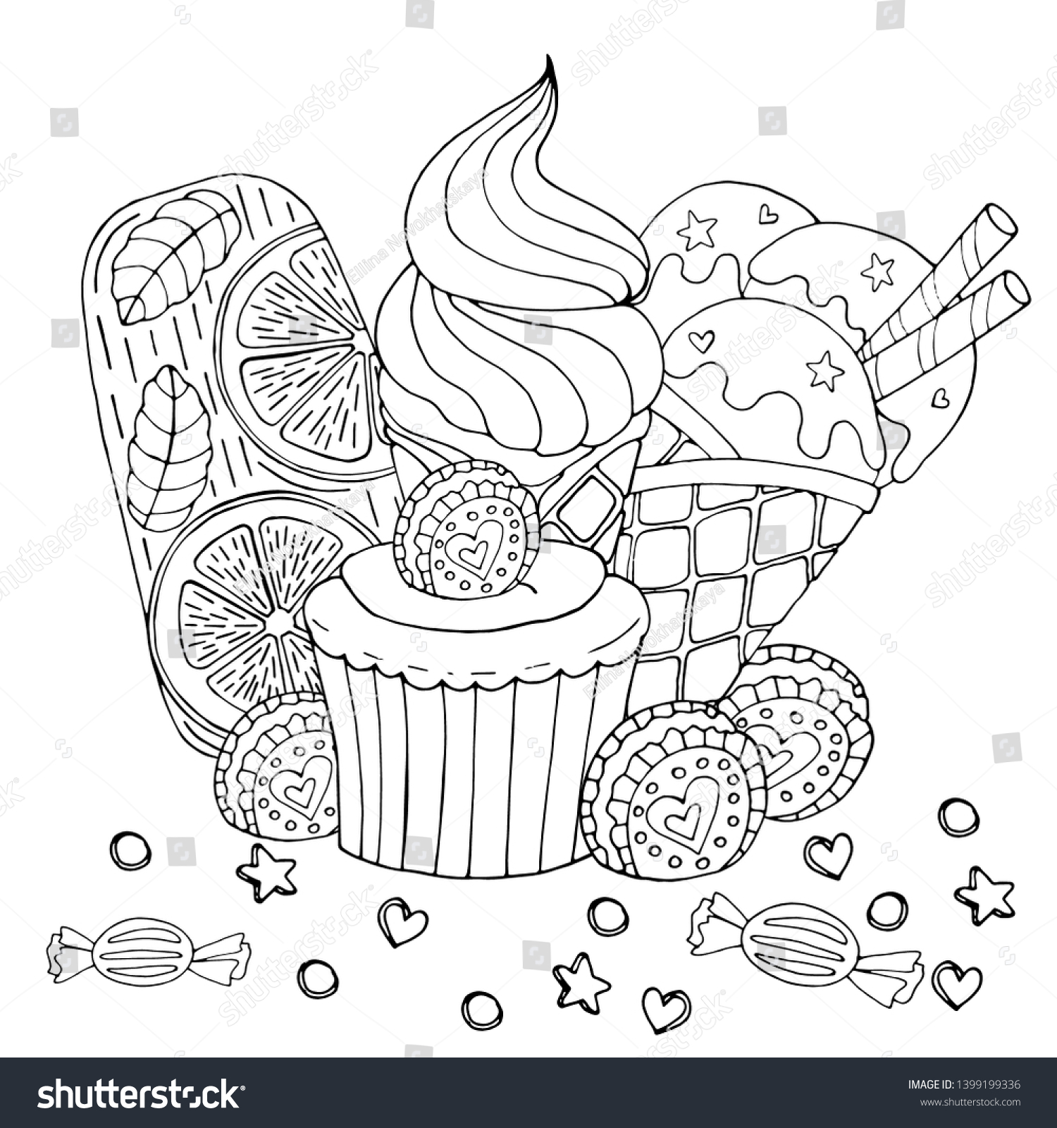 Coloring Page Cake Cupcake Candy Ice Stock Vector (Royalty Free ...