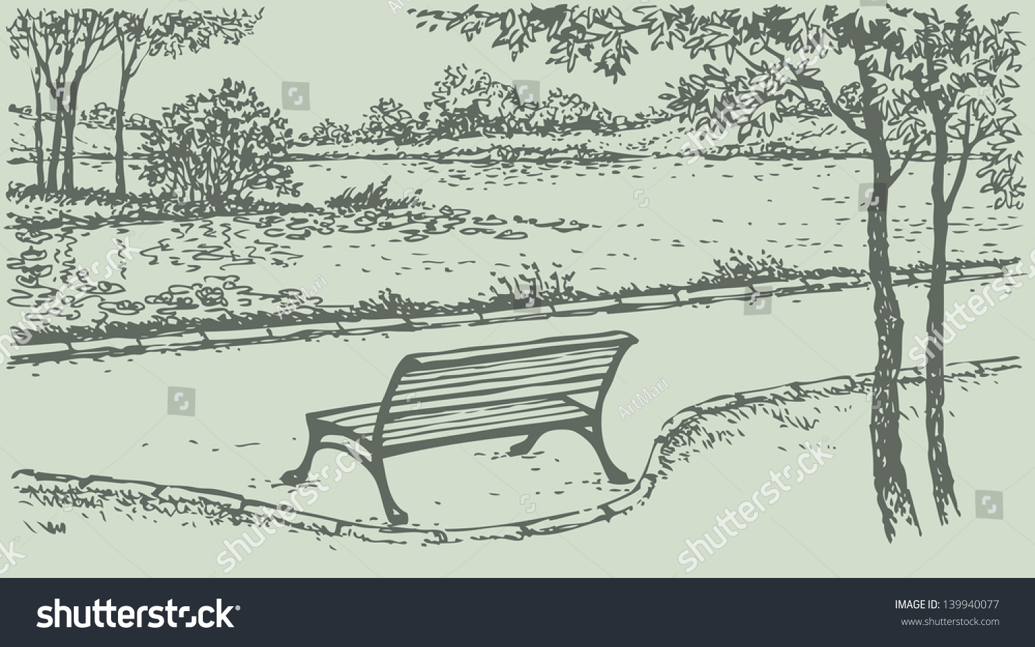 Скамейка в парке карандашом