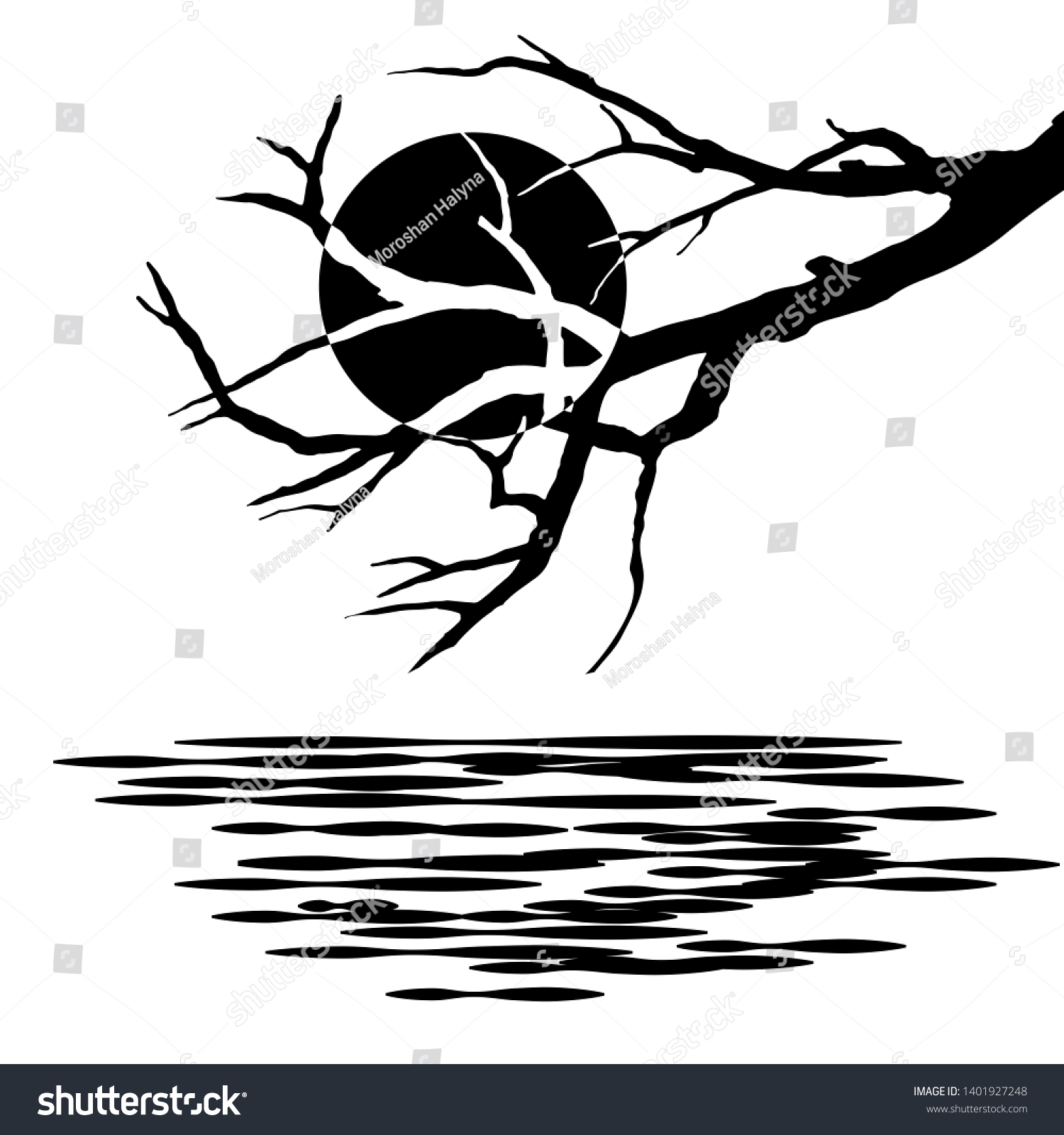 tree branches clipart black and white sun