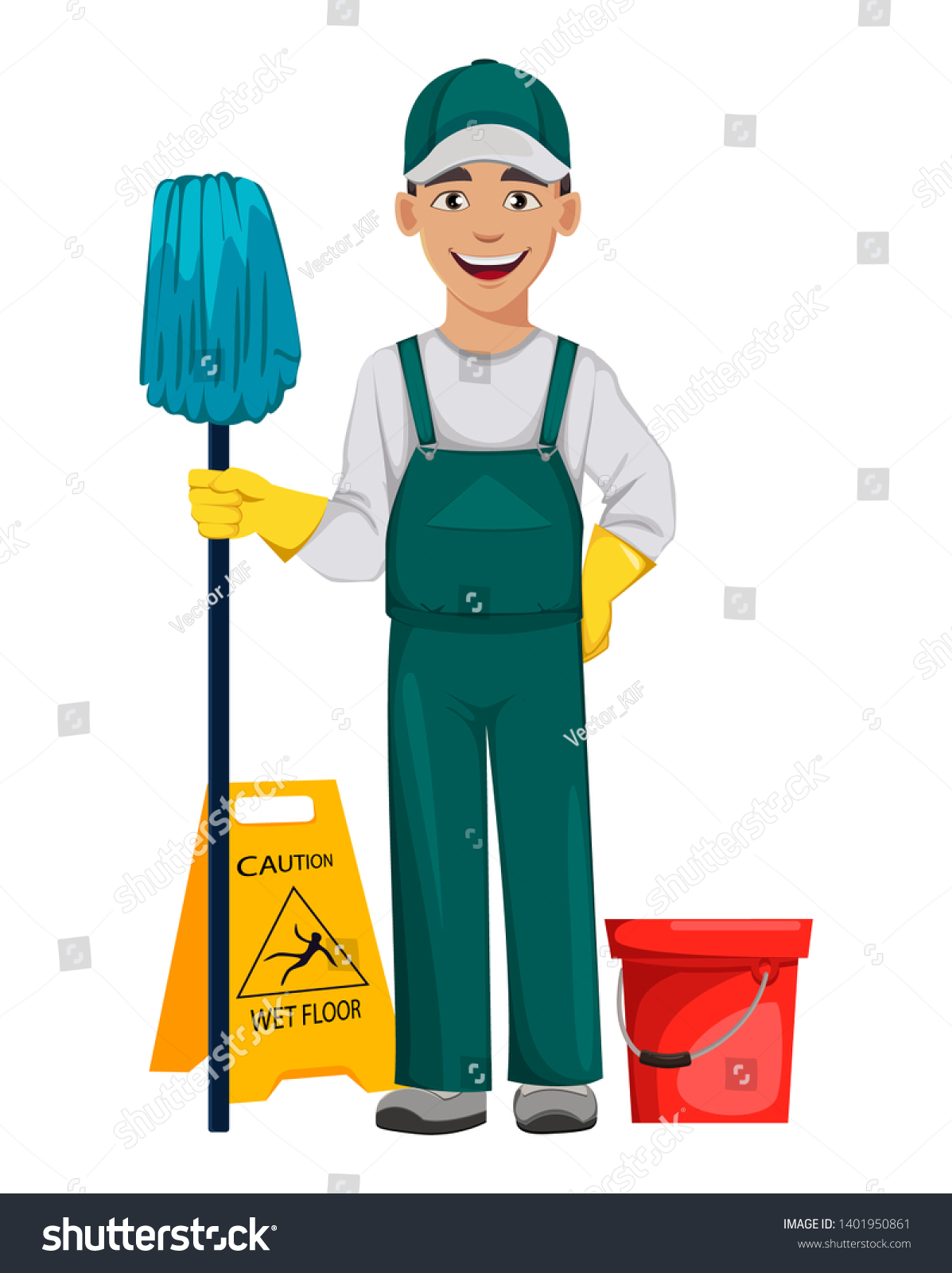 Cleaner Man Cartoon Character Cleaning Floor Stock Vector (Royalty Free ...