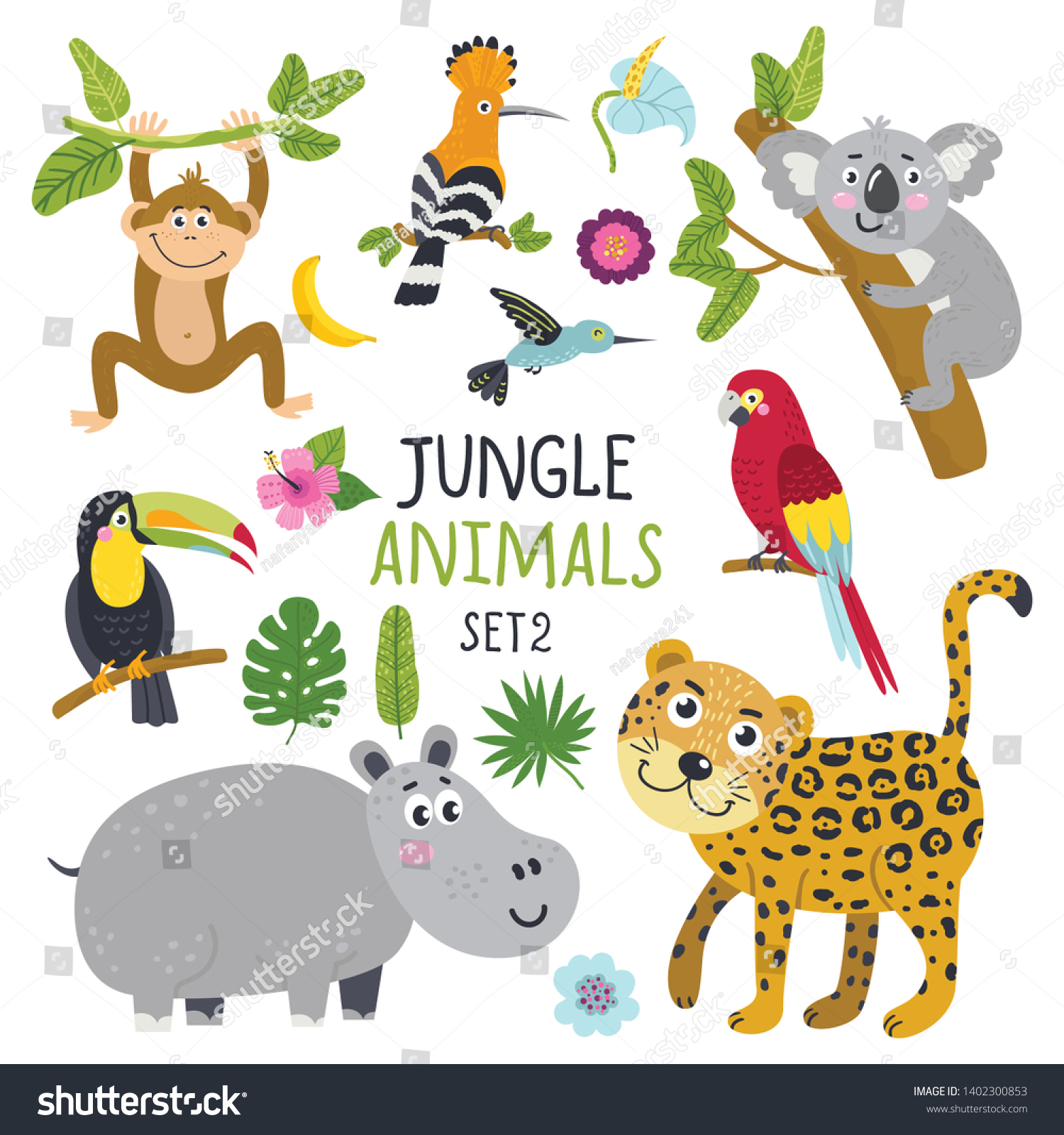 Vector Set Cute Animals Jungle Plants Stock Vector (Royalty Free ...