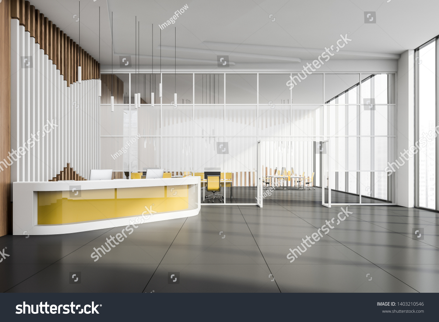 Interior Modern Office Glass Wooden Walls Stock Photo 1403210546   Stock Photo Interior Of Modern Office With Glass And Wooden Walls Tiled Floor Bright Yellow Reception Desk 1403210546 