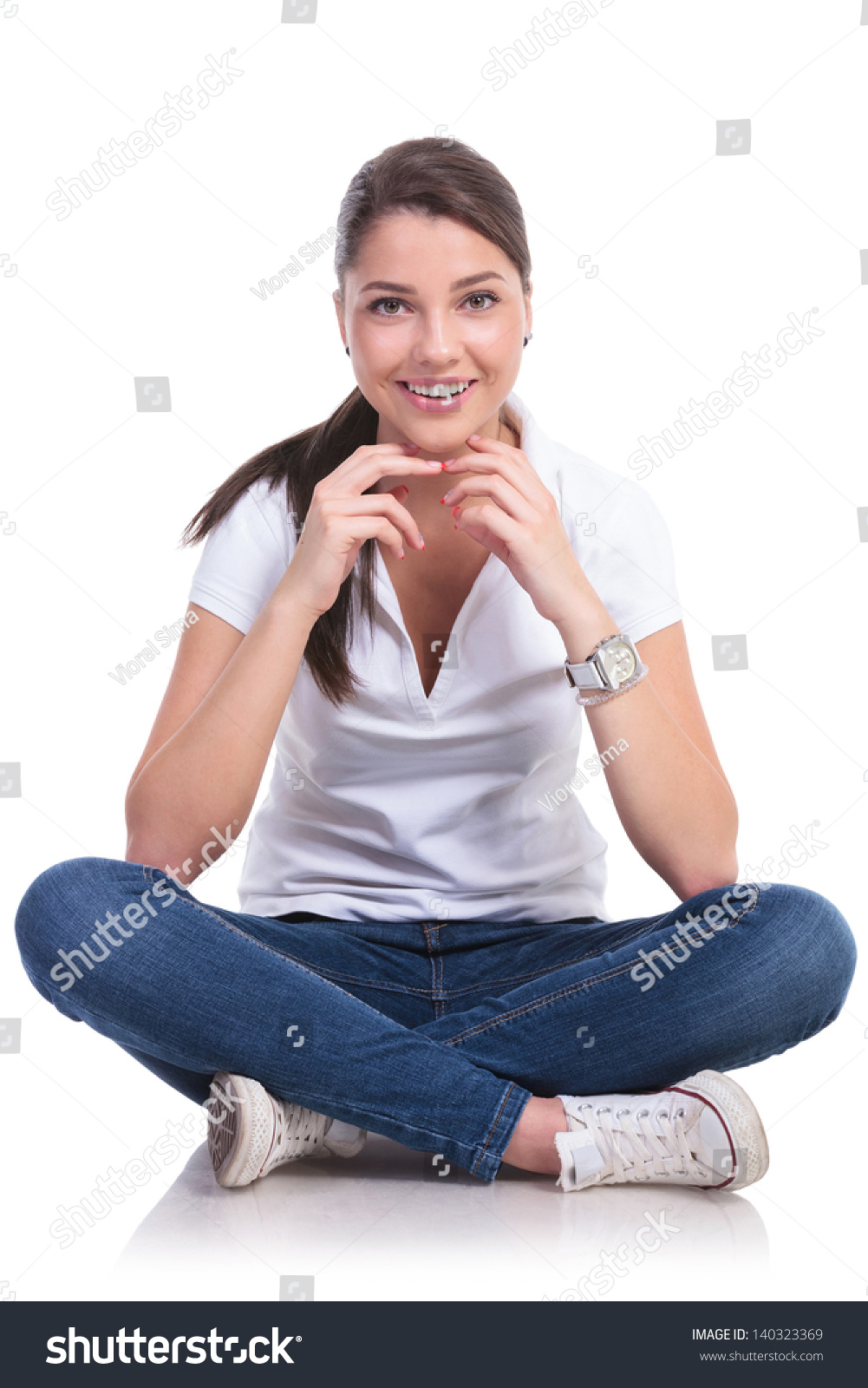 Casual Young Woman Sitting Legs Crossed Stock Photo 140323369 ...