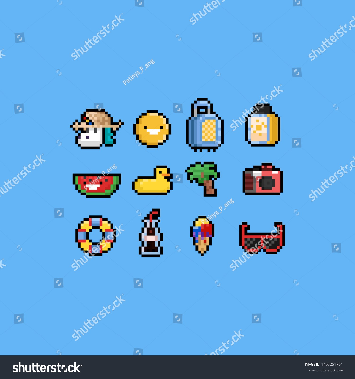 Pixel Cartoon Summer Icon Set8bitholiday Stock Vector (Royalty Free ...