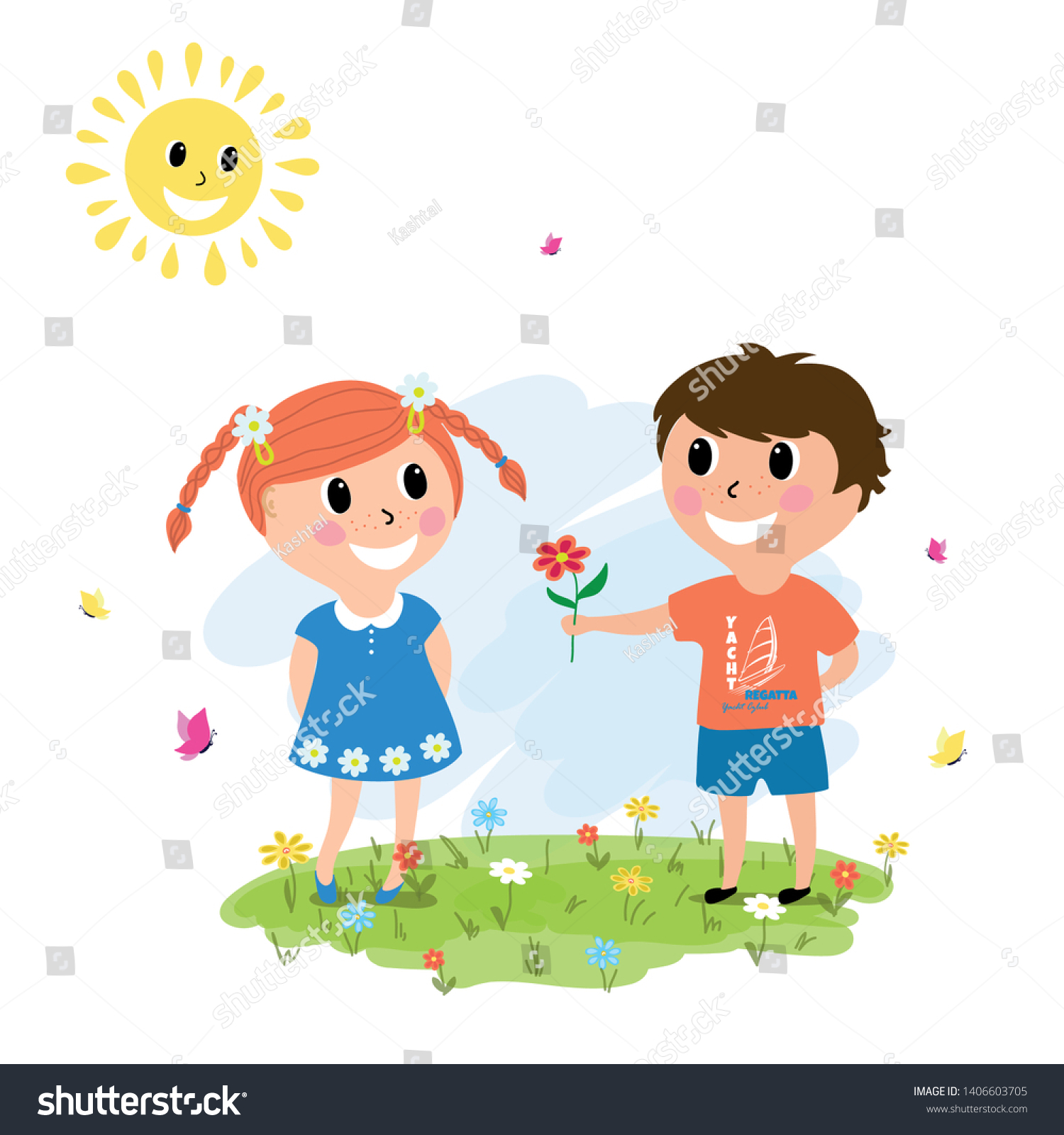 Cute Cartoon Boy Gives Girl Flowers Stock Vector (Royalty Free ...