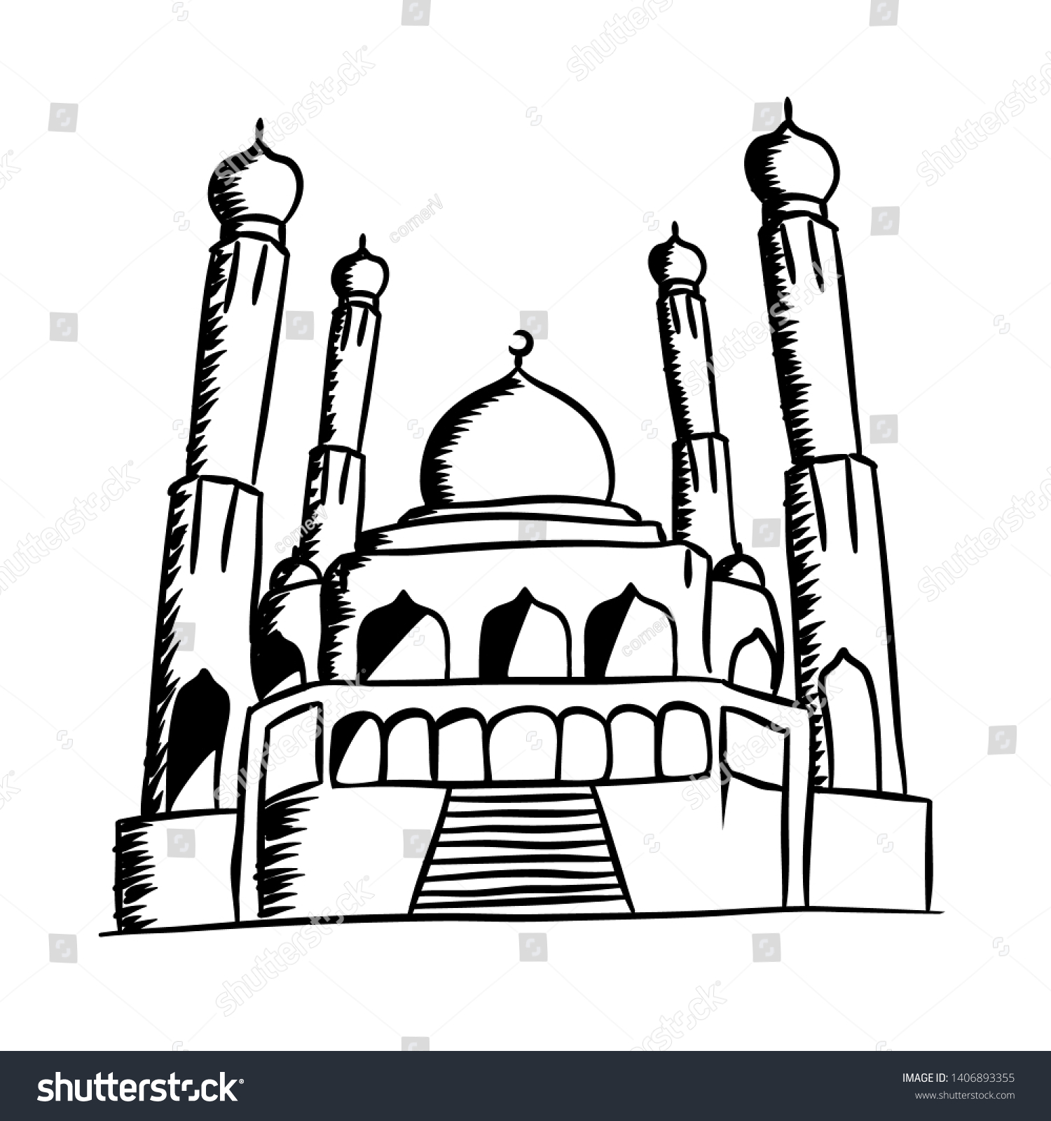 Outlined Hand Drawn Black White Mosque Stock Vector (Royalty Free ...