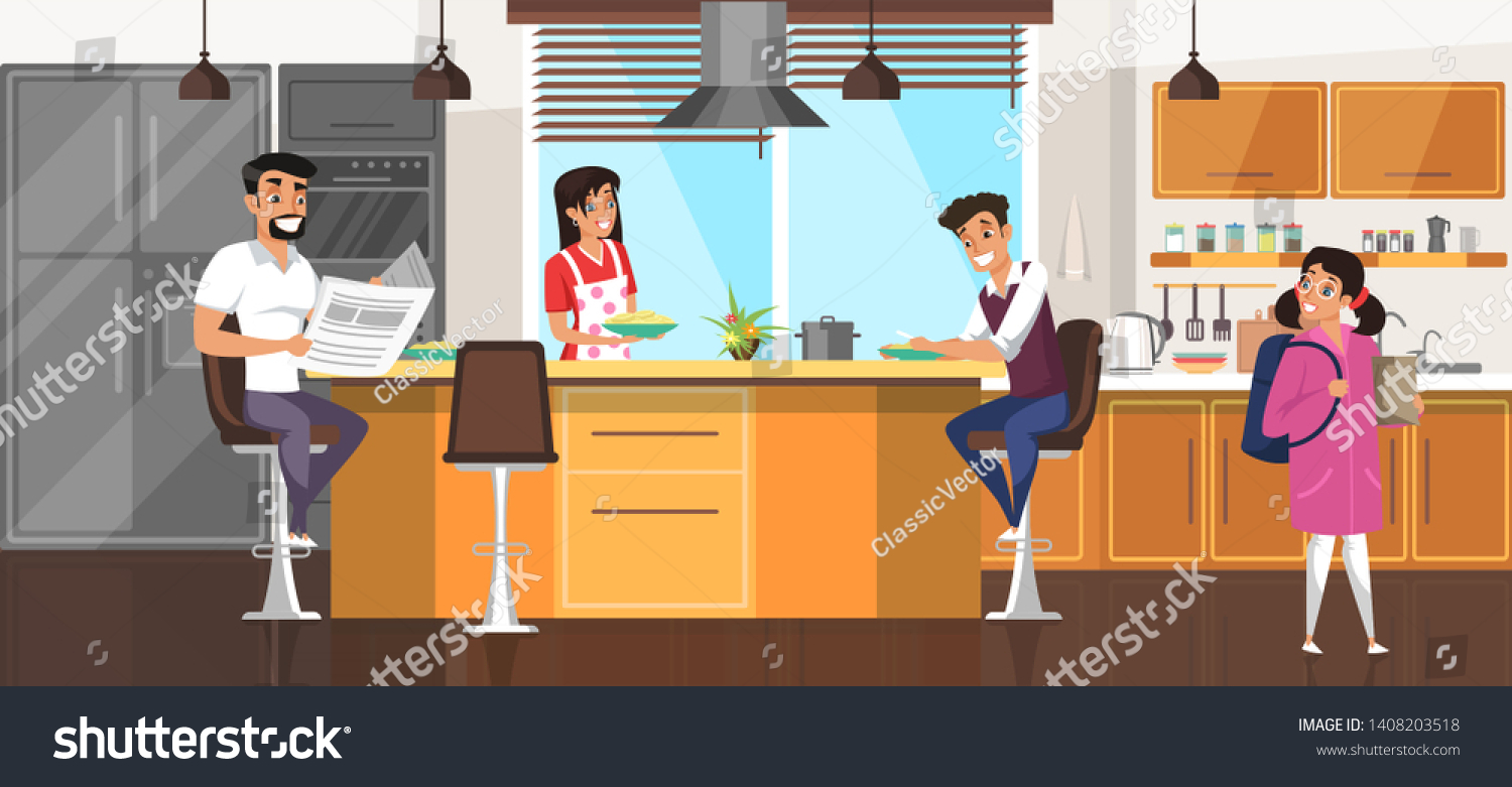 Family Breakfast Flat Vector Illustration Mom Stock Vector (Royalty ...