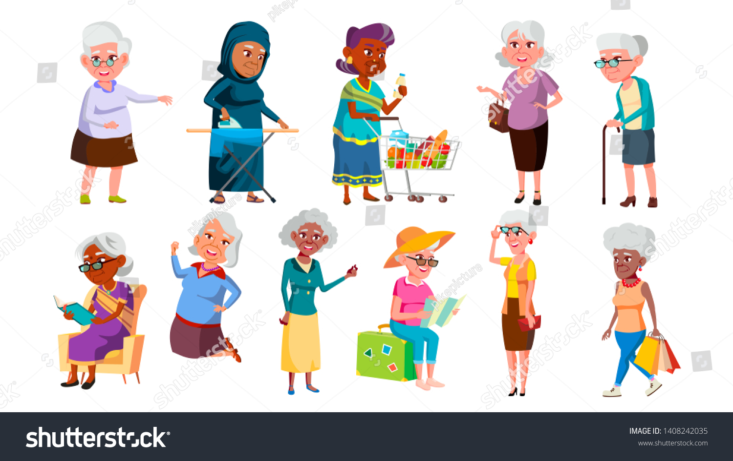 Collection Mulicultural Old Granny Set Vector Stock Vector Royalty Free 1408242035 Shutterstock 