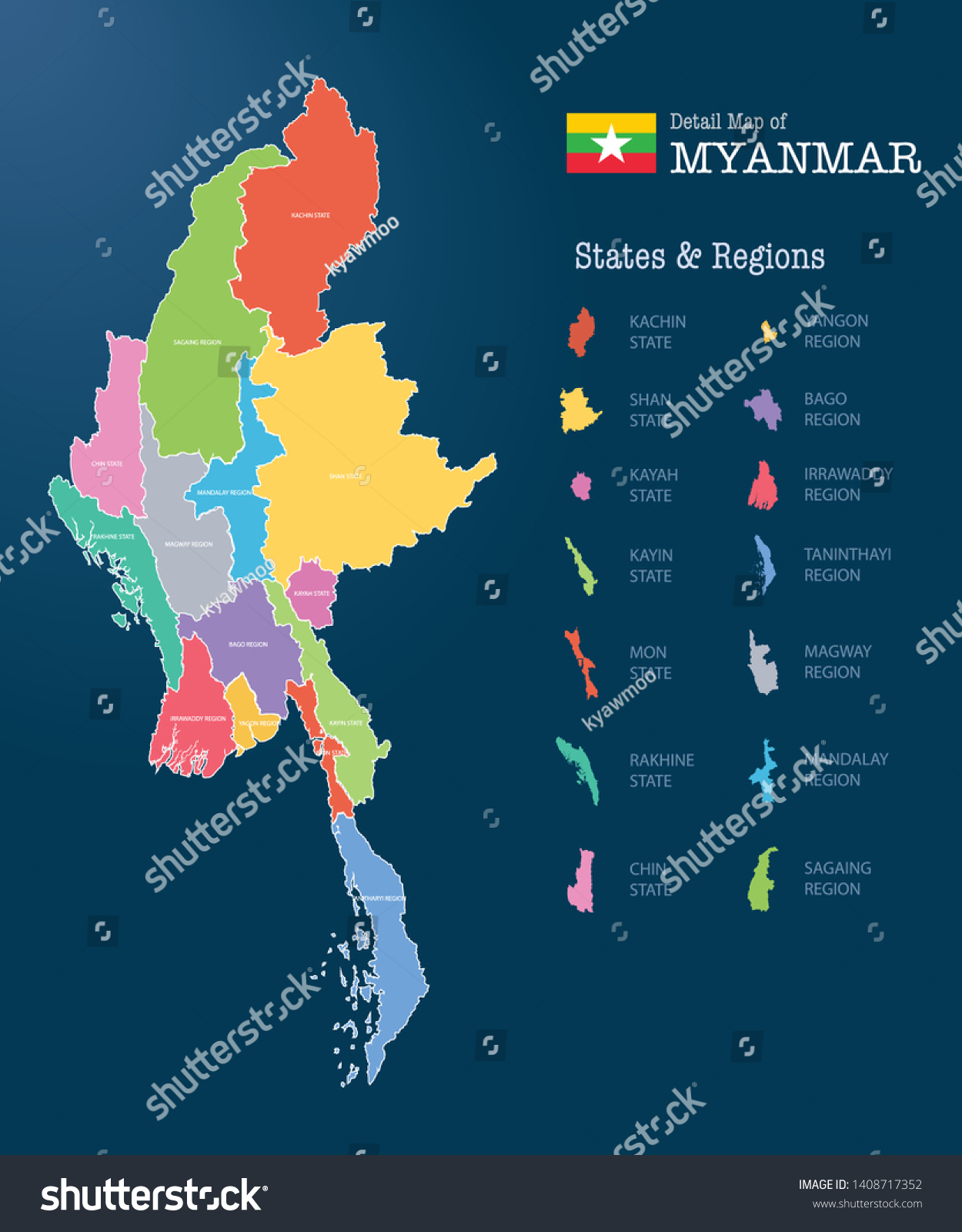 987 Yangon Map G Rseli Stok Foto Raflar Ve Vekt Rler Shutterstock   Stock Vector Detail Maps Of Myanmar Including States And Regions Separately 1408717352 