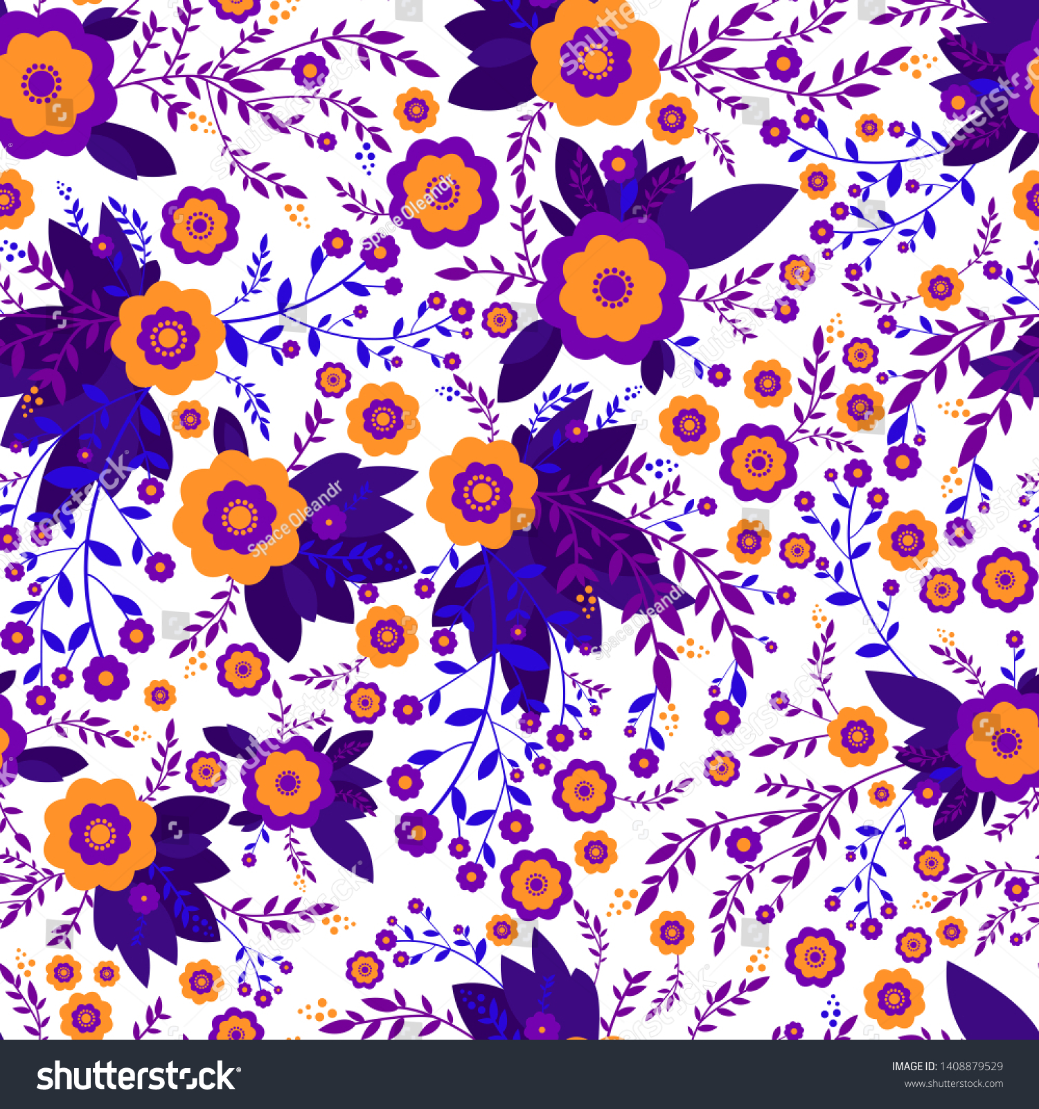 Colorful abstract wildflowers of orange, violet color, seamless texture pattern design. Decorative flowers and plants on white background. Raster original ornament flowers. Botanical floral background