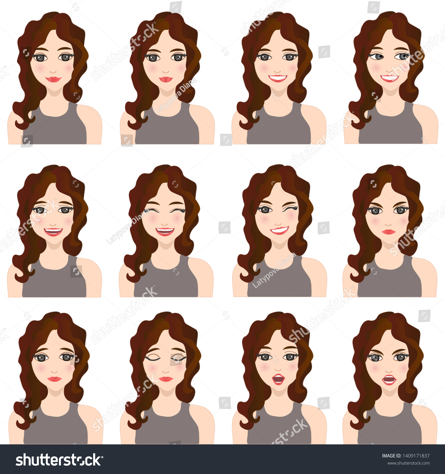 Beautiful Woman Different Facial Expressions Set Stock Illustration ...