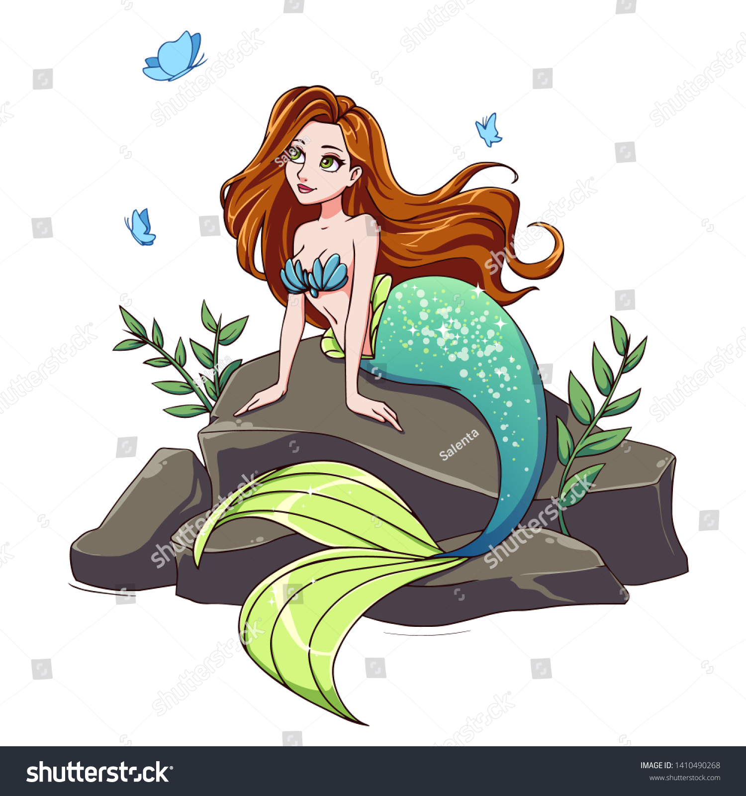 Cute Mermaid Red Hair Green Tail Stock Vector (Royalty Free) 1410490268 ...