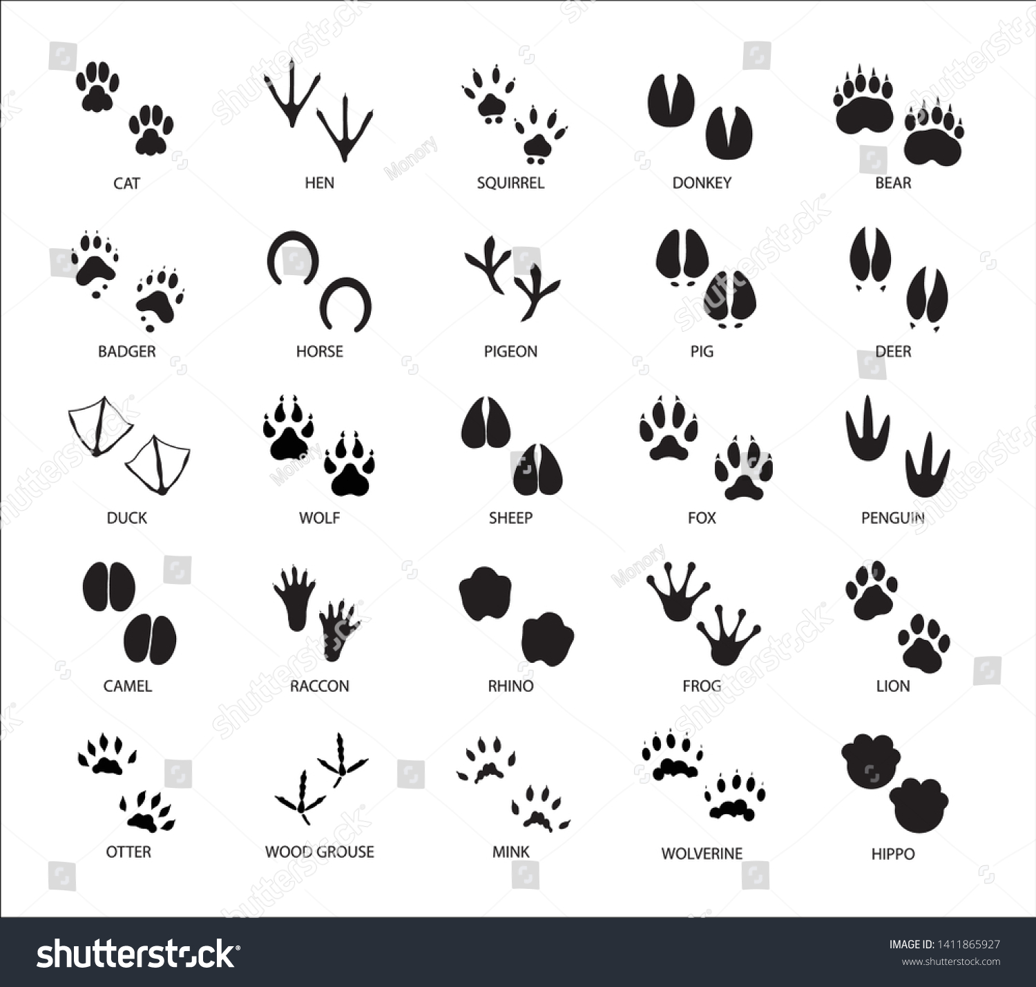 Set Different Animals Birds Silhouette Tracks Stock Vector (Royalty ...