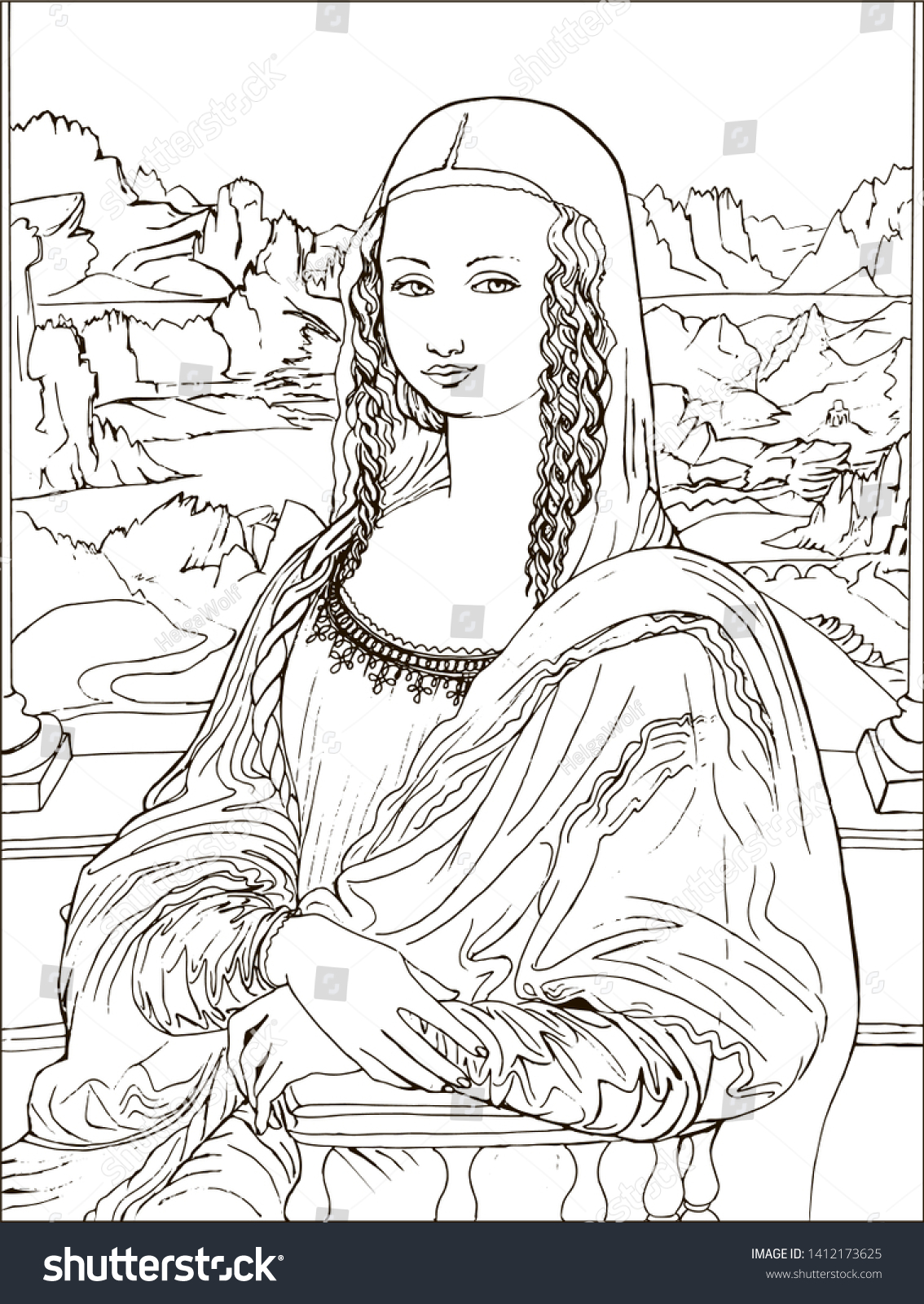 Coloring Page Mona Lisa Based On: стоковая иллюстрация, 1412173625 Shutters...