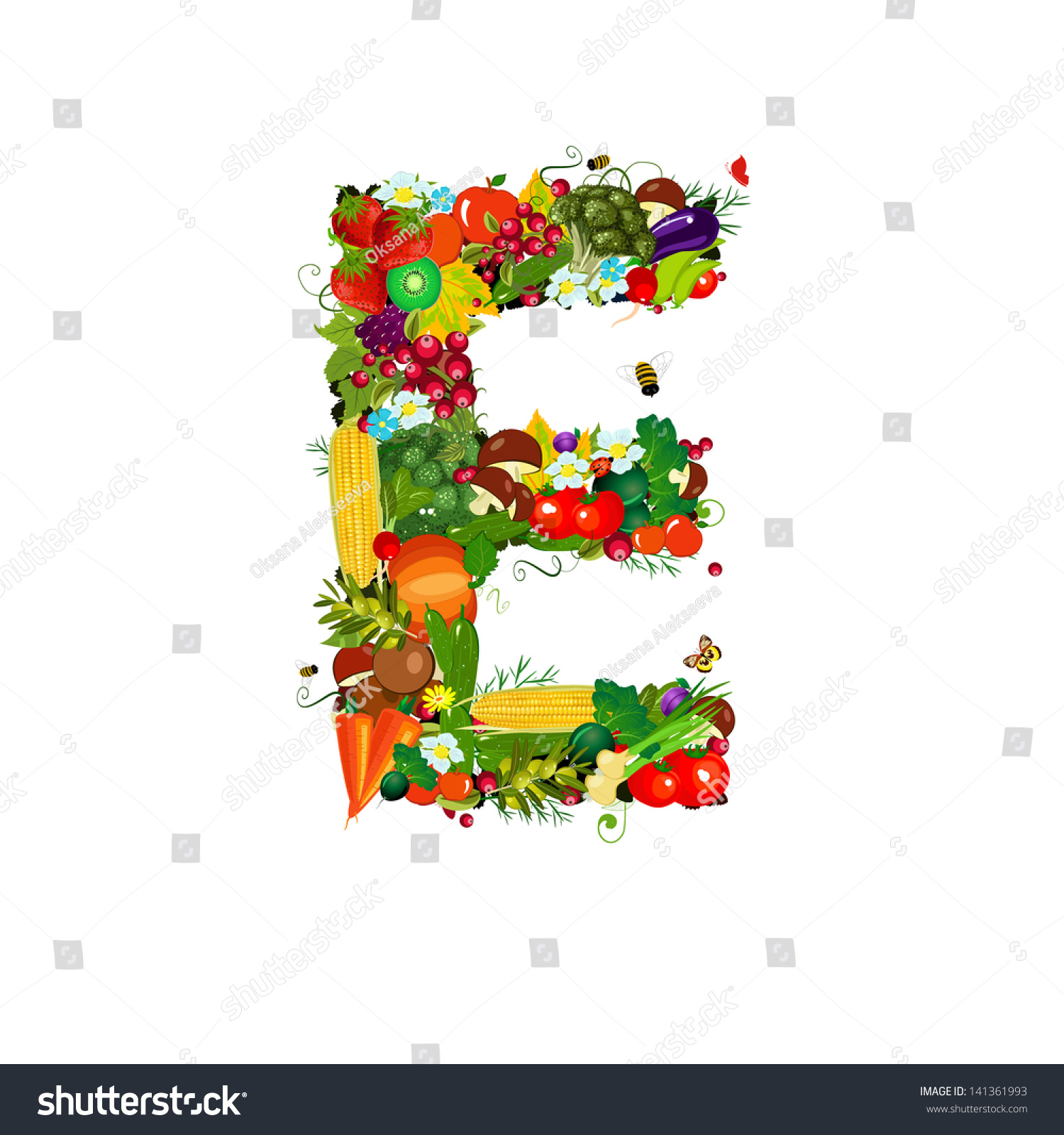 Fresh Vegetables Fruits Letter E Stock Vector Royalty Free 141361993