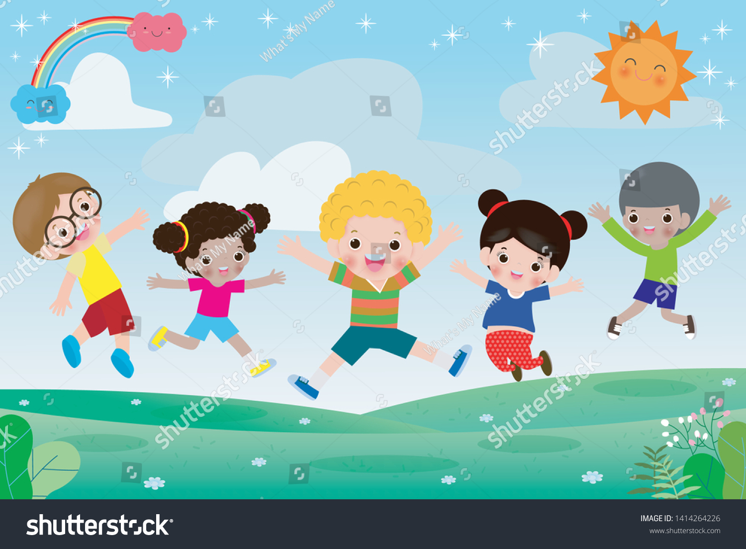 Group Happy Children Jumping On Summer Stock Vector (Royalty Free ...