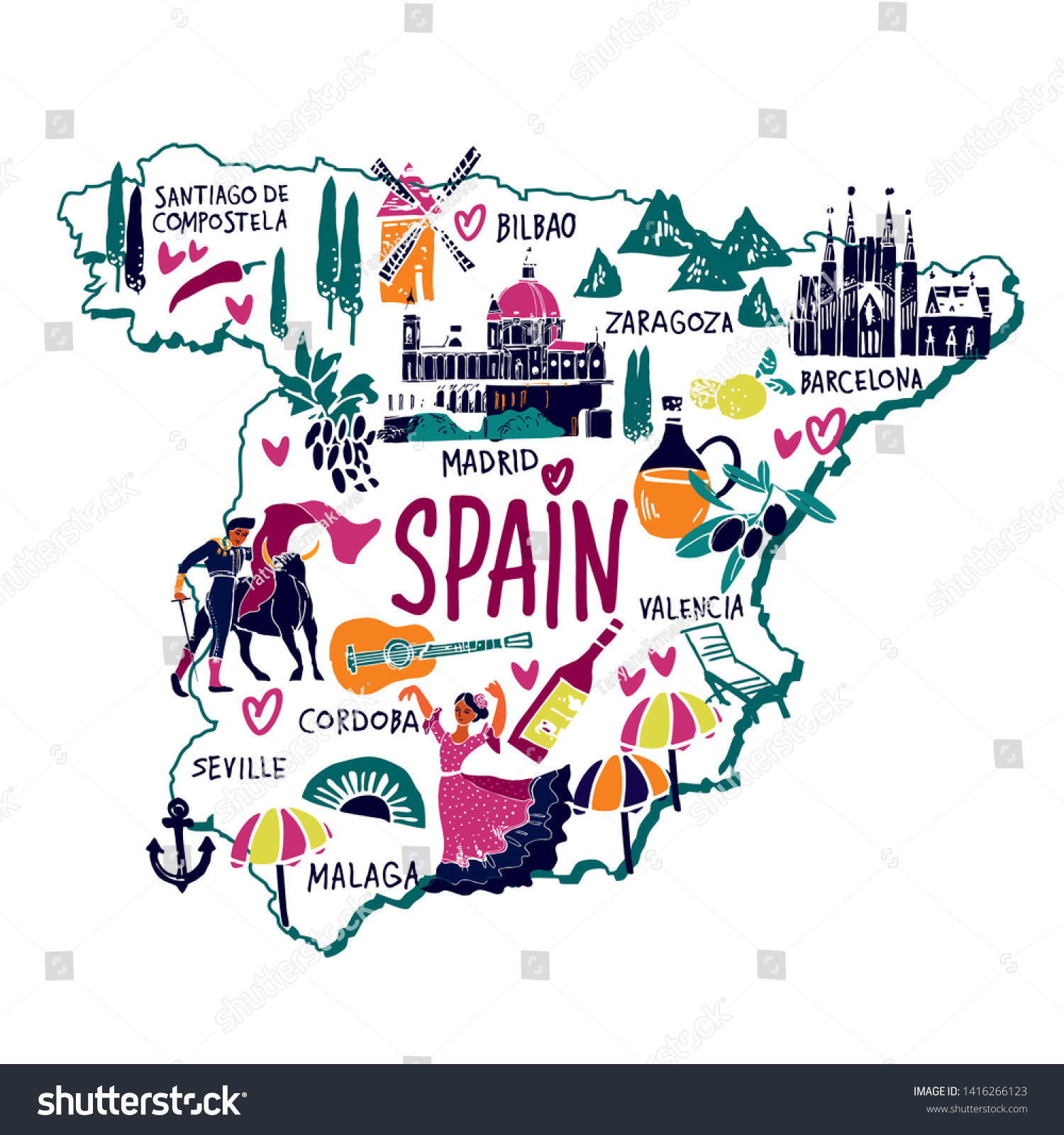 Vector Illustration Cartoon Spain Map Architecture Stock Vector ...