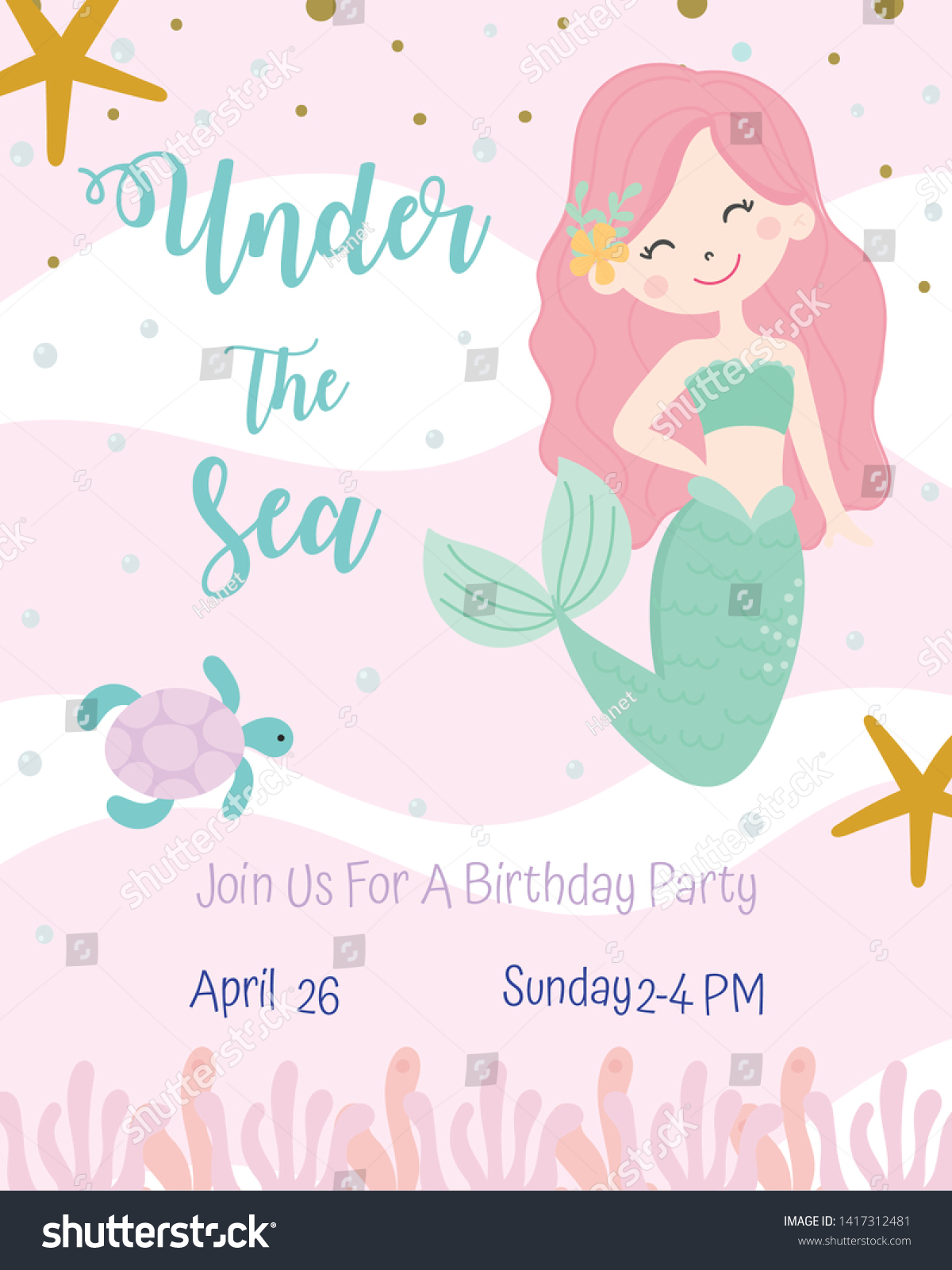 Cute Mermaid Theme Birthday Party Invitation Stock Vector (Royalty Free ...