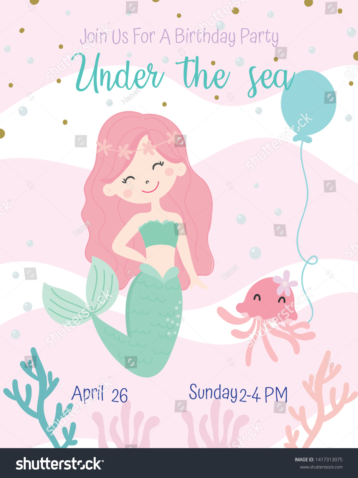 Cute Mermaid Theme Birthday Party Invitation Stock Vector (Royalty Free ...