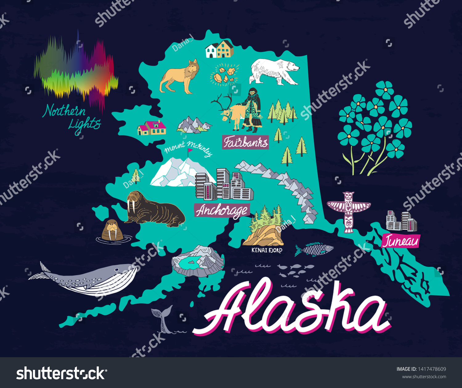 Vektor Stok Illustrated Map Alaska Usa Travel Attractions Tanpa Royalti Shutterstock