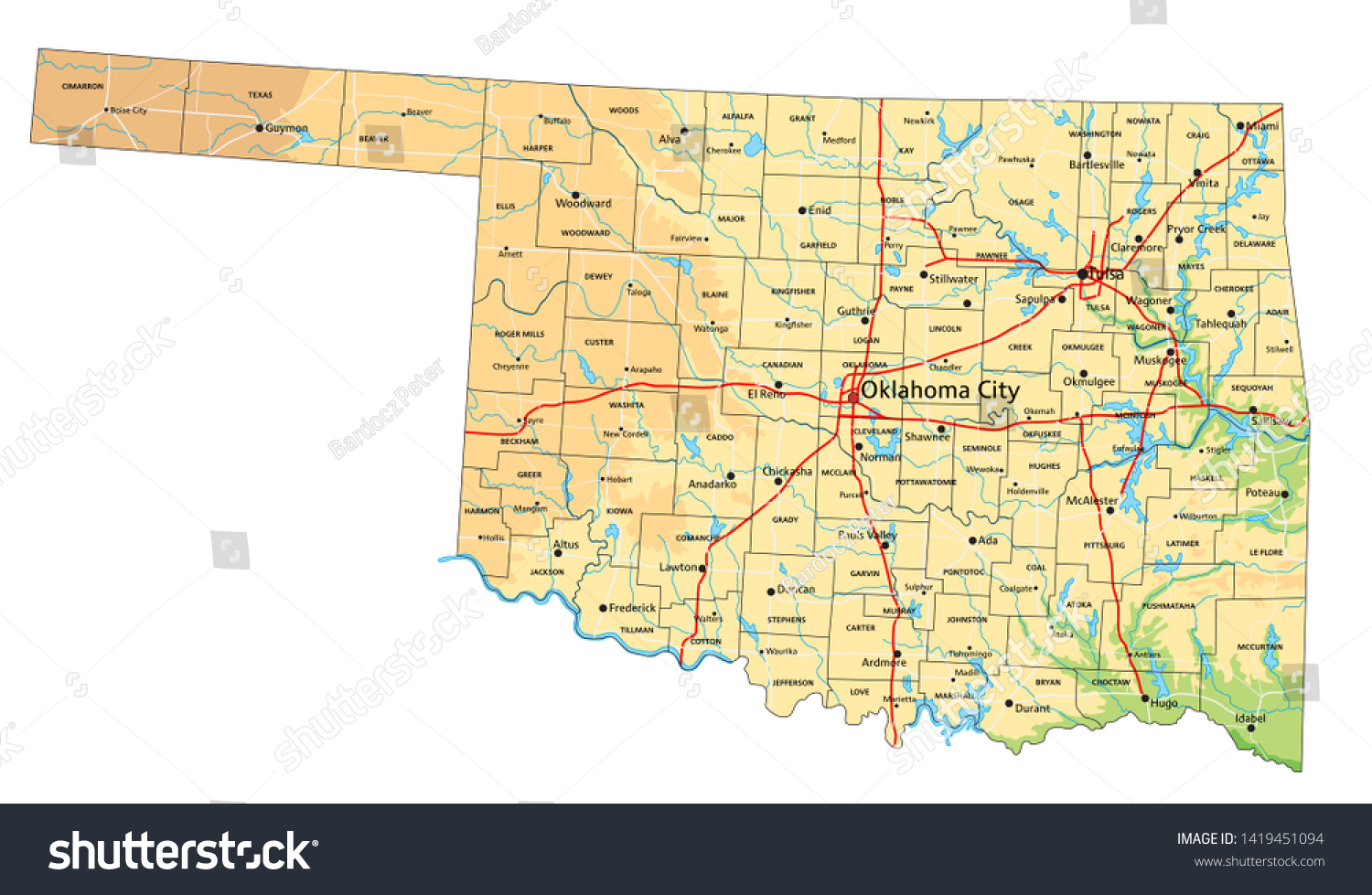 High Detailed Oklahoma Physical Map Labeling Stock Vector (Royalty Free ...