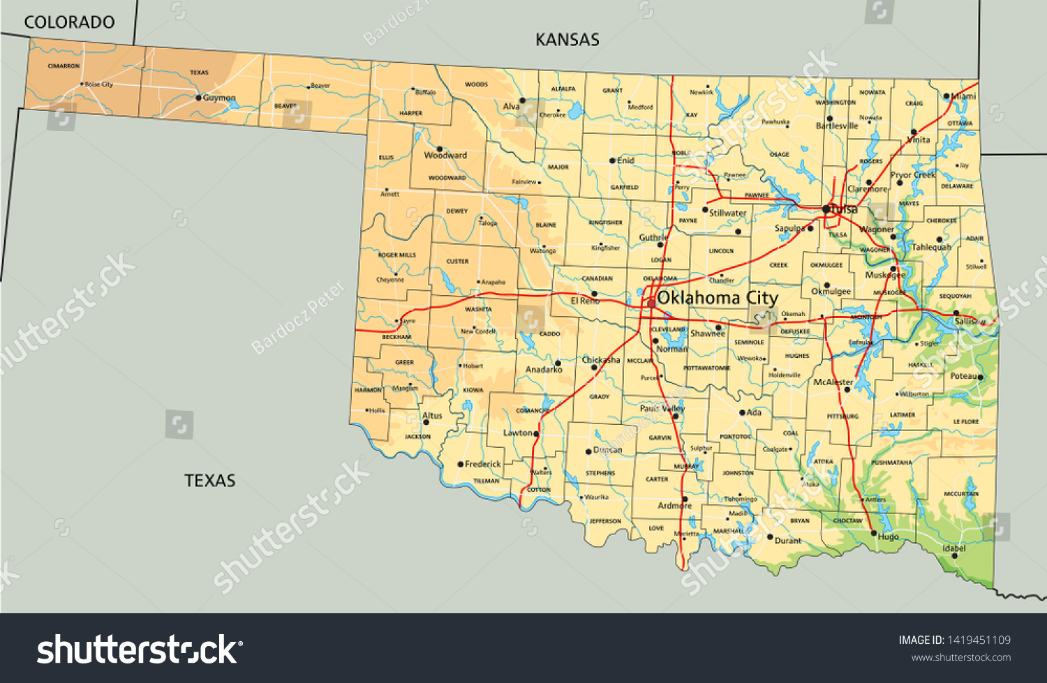 High Detailed Oklahoma Physical Map Labeling Stock Vector (Royalty Free ...