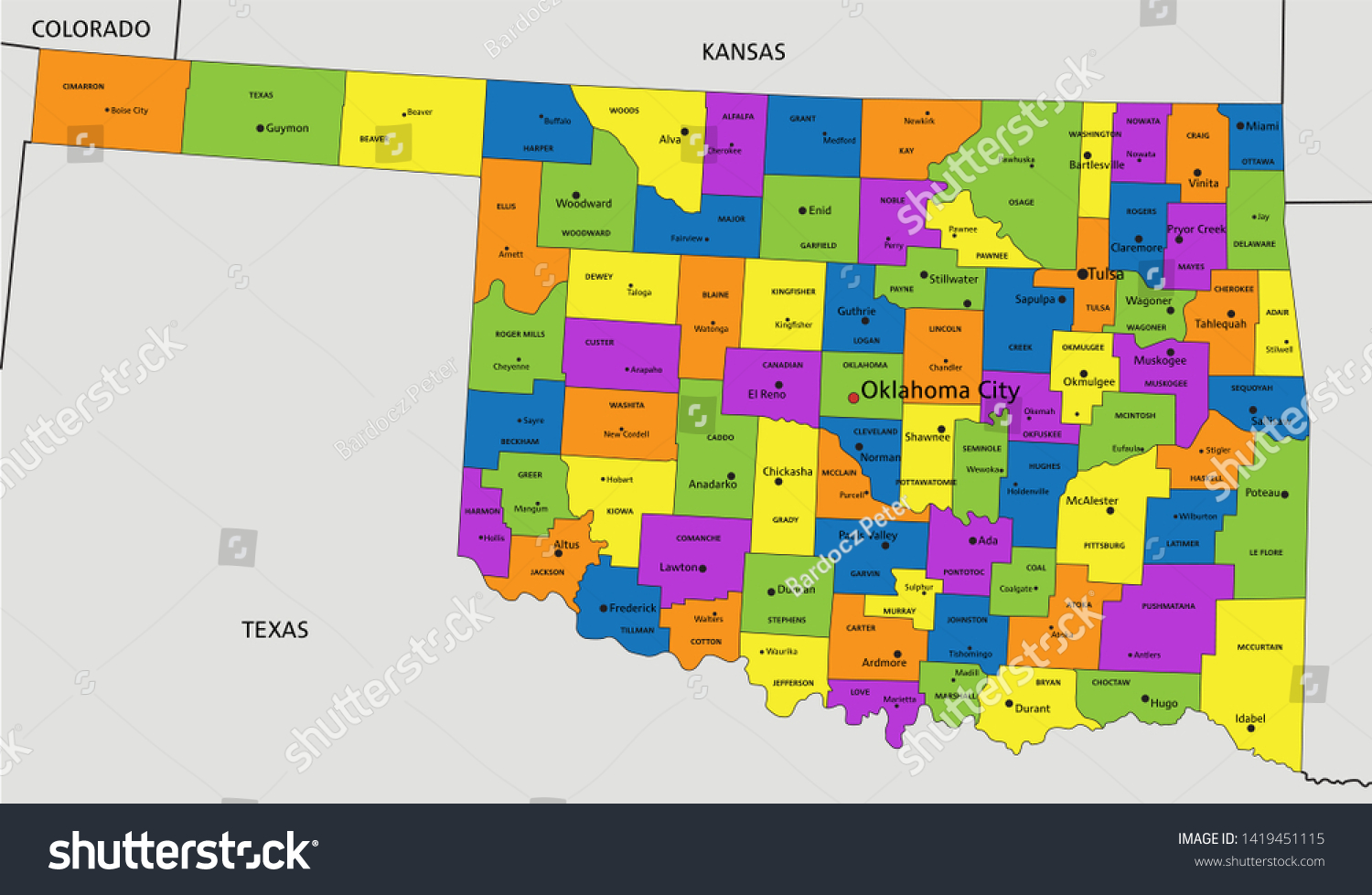 Colorful Oklahoma Political Map Clearly Labeled Stock Vector Royalty   Stock Vector Colorful Oklahoma Political Map With Clearly Labeled Separated Layers Vector Illustration 1419451115 