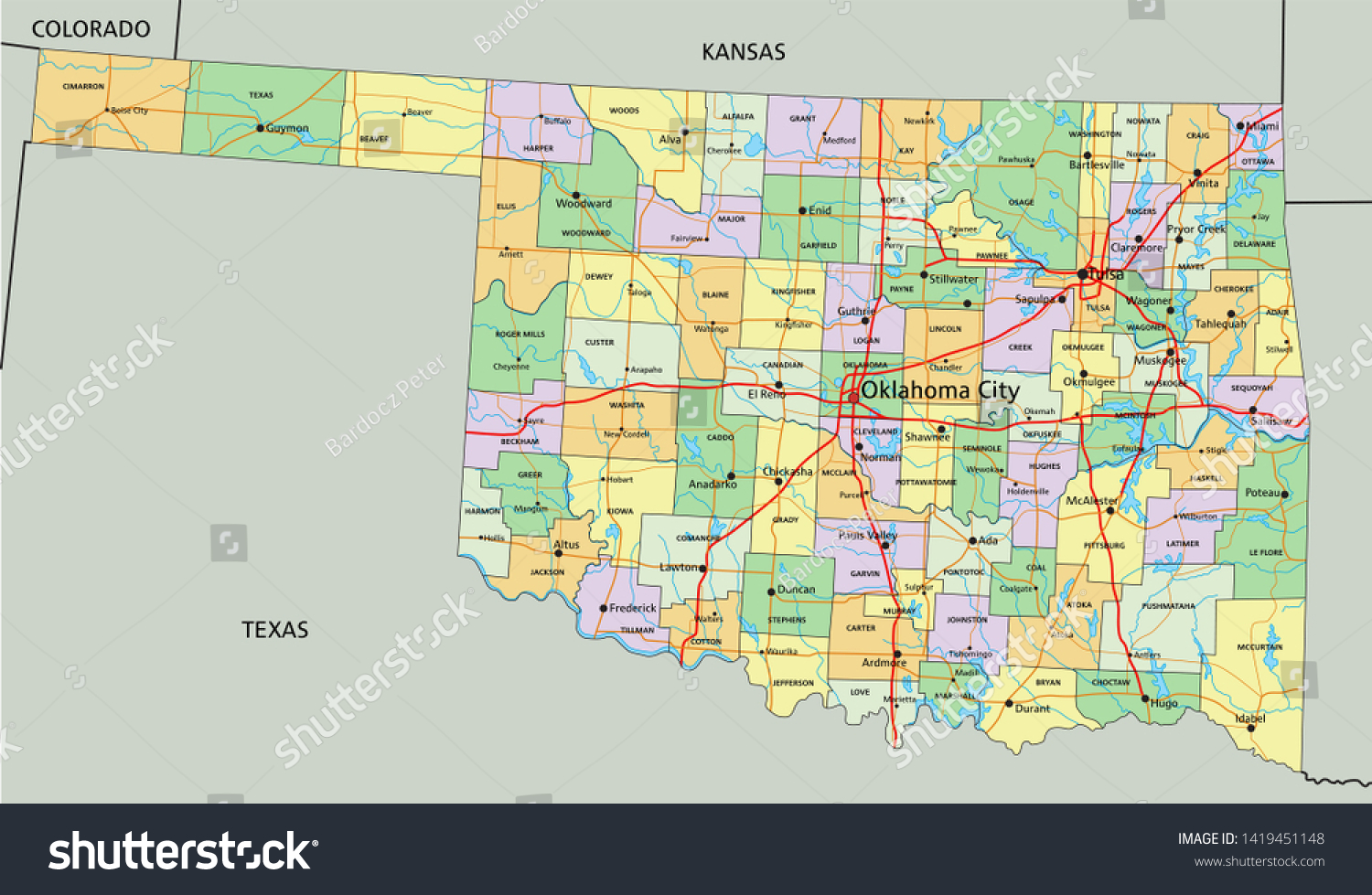 Oklahoma Highly Detailed Editable Political Map Stock Vector Royalty   Stock Vector Oklahoma Highly Detailed Editable Political Map With Labeling 1419451148 