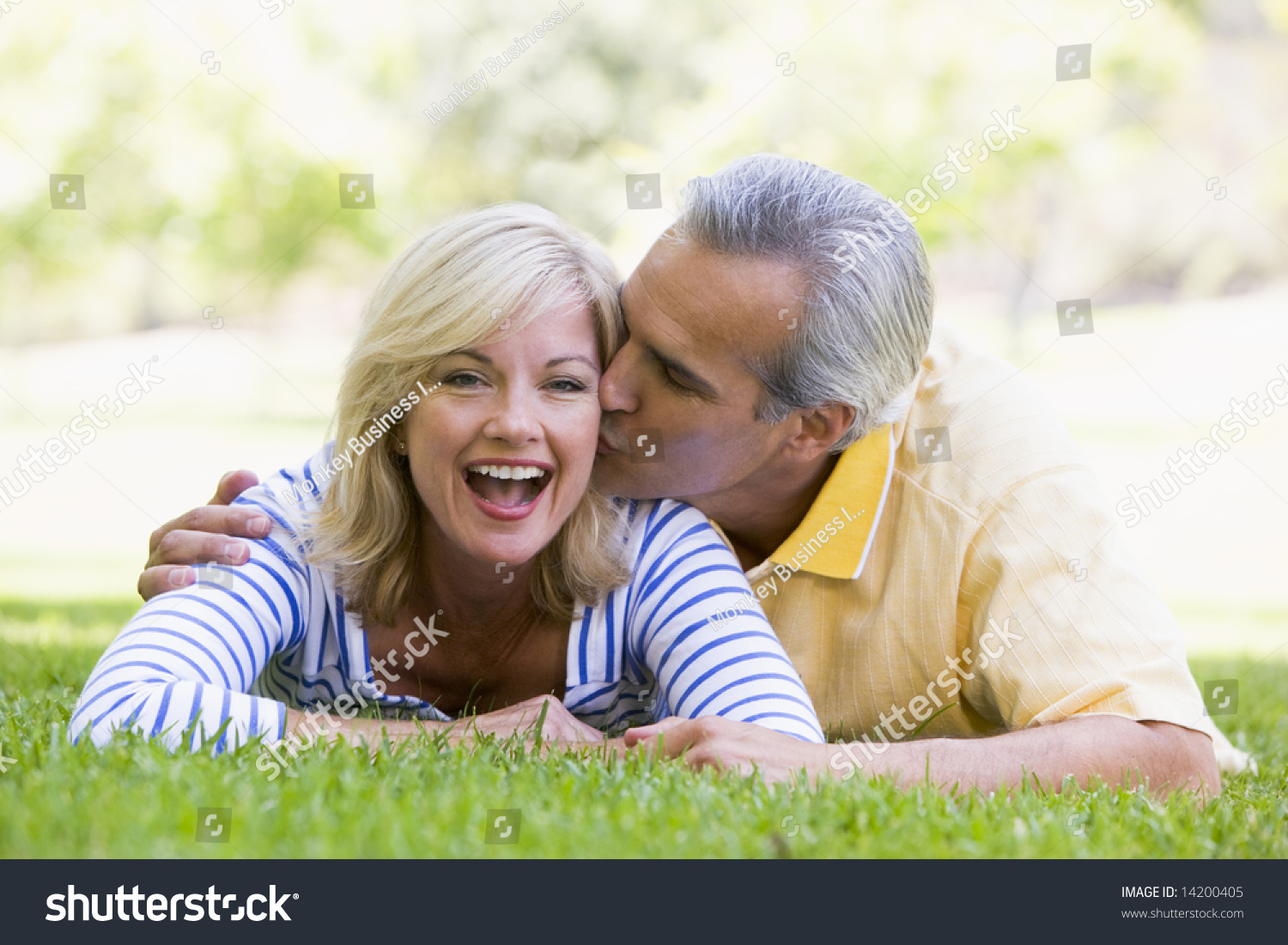 Couple Relaxing Outdoors Park Kissing Smiling Stock Photo 14200405 ...