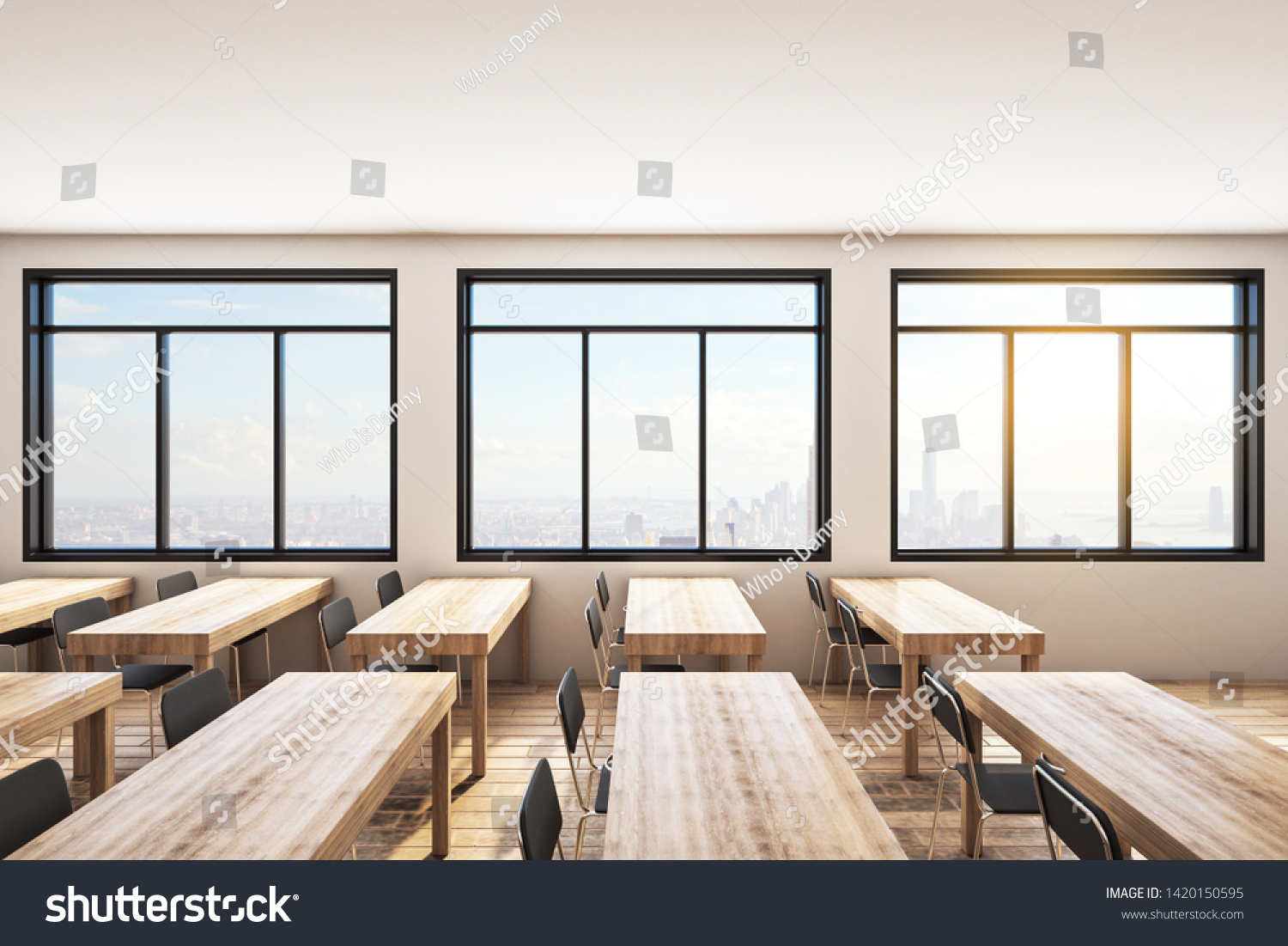 Modern Wooden Classroom Interior With Desk And Empty Mock Up Blackboard