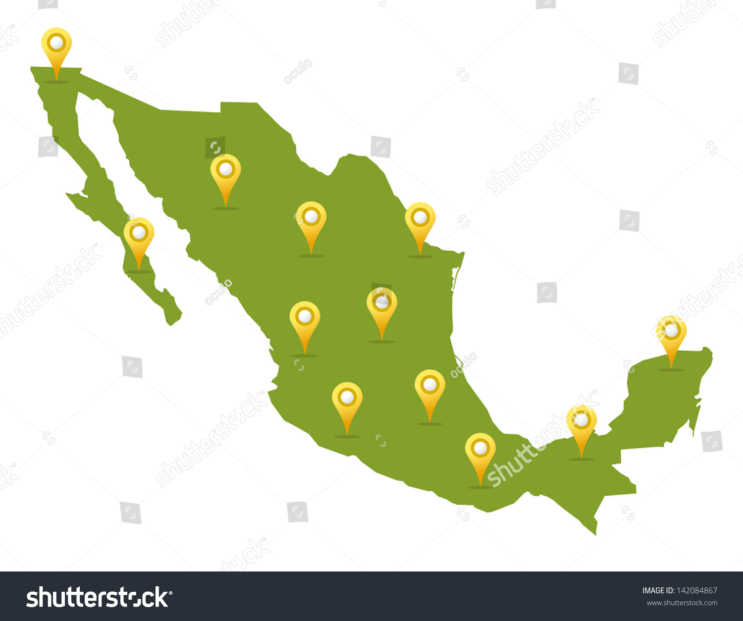 Mexico Map Green Color Pins Stock Vector (Royalty Free) 142084867 ...