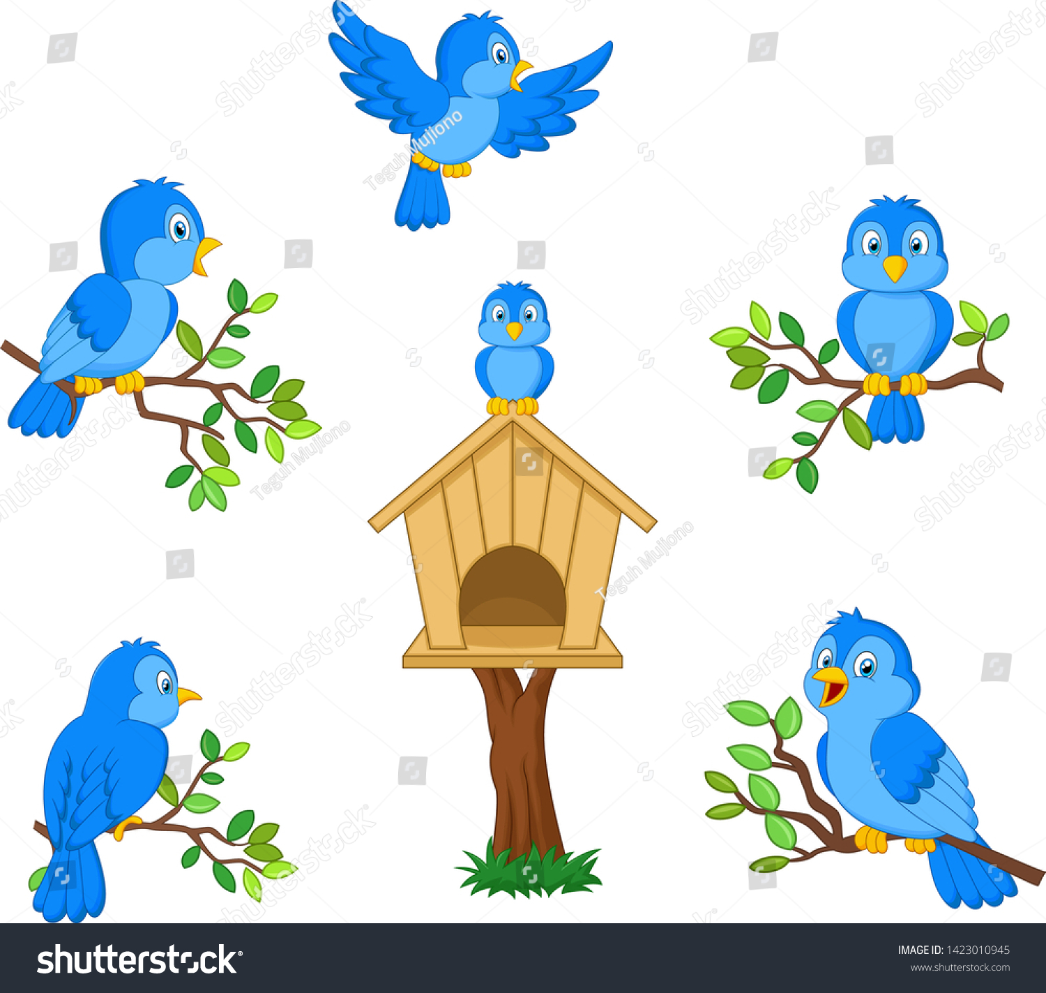 Set Cartoon Blue Bird On White Stock Vector (Royalty Free) 1423010945 ...