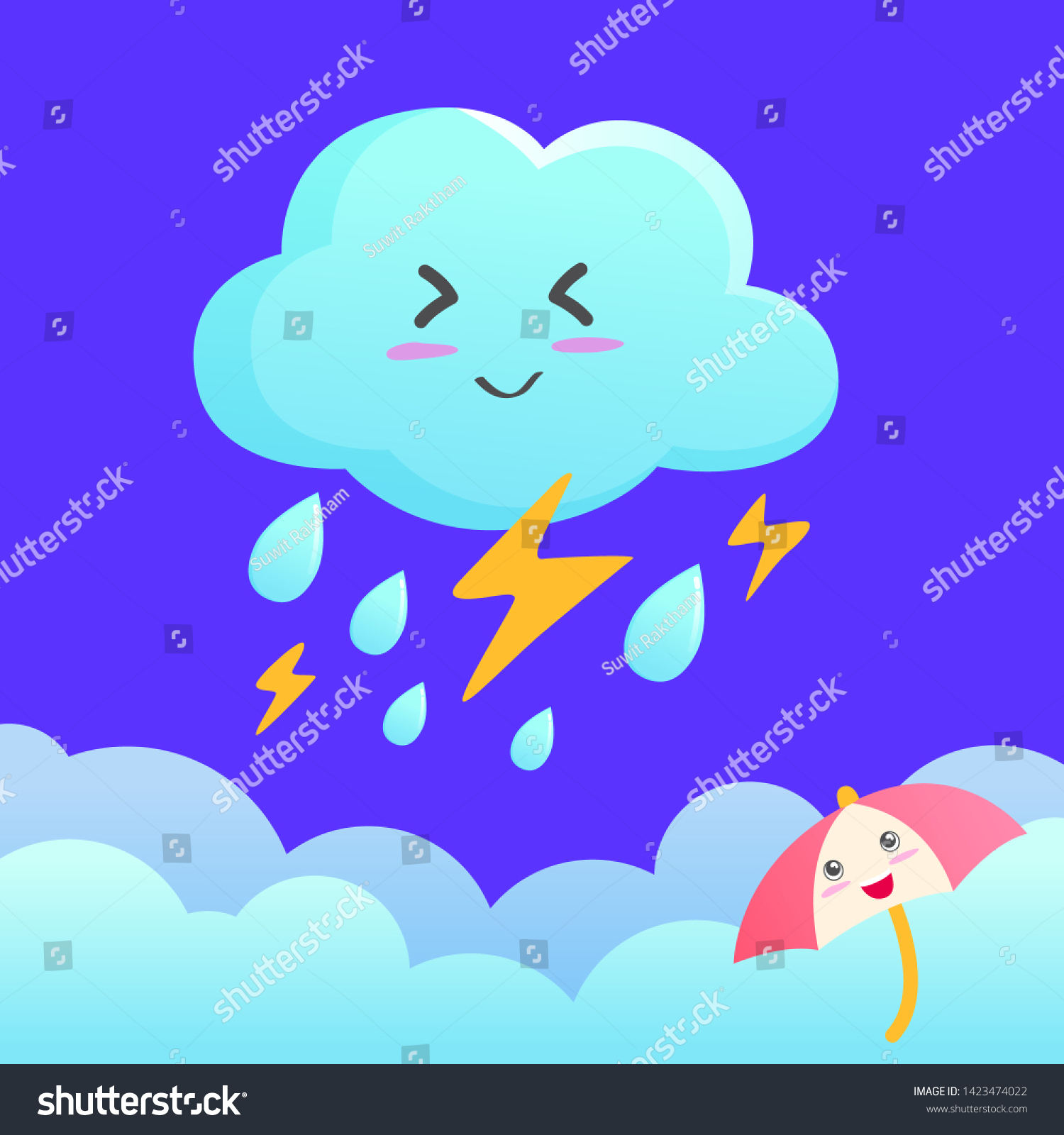 Cute Cloud Thunder Umbrella Weather Symbol Stock Vector (Royalty Free ...