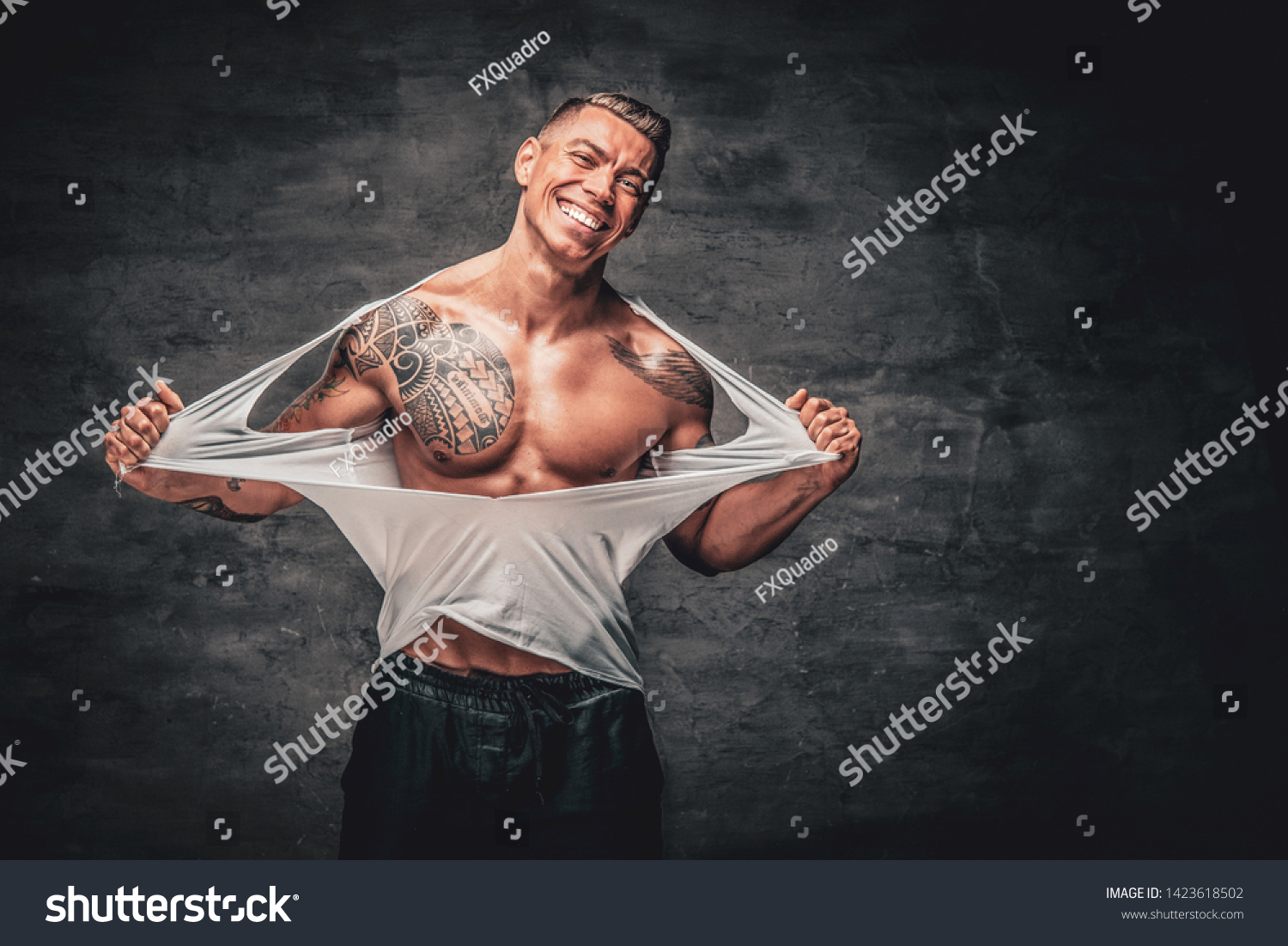 Studio Portrait Athletic Male Tattoo Ripping Stock Photo 1423618502 ...