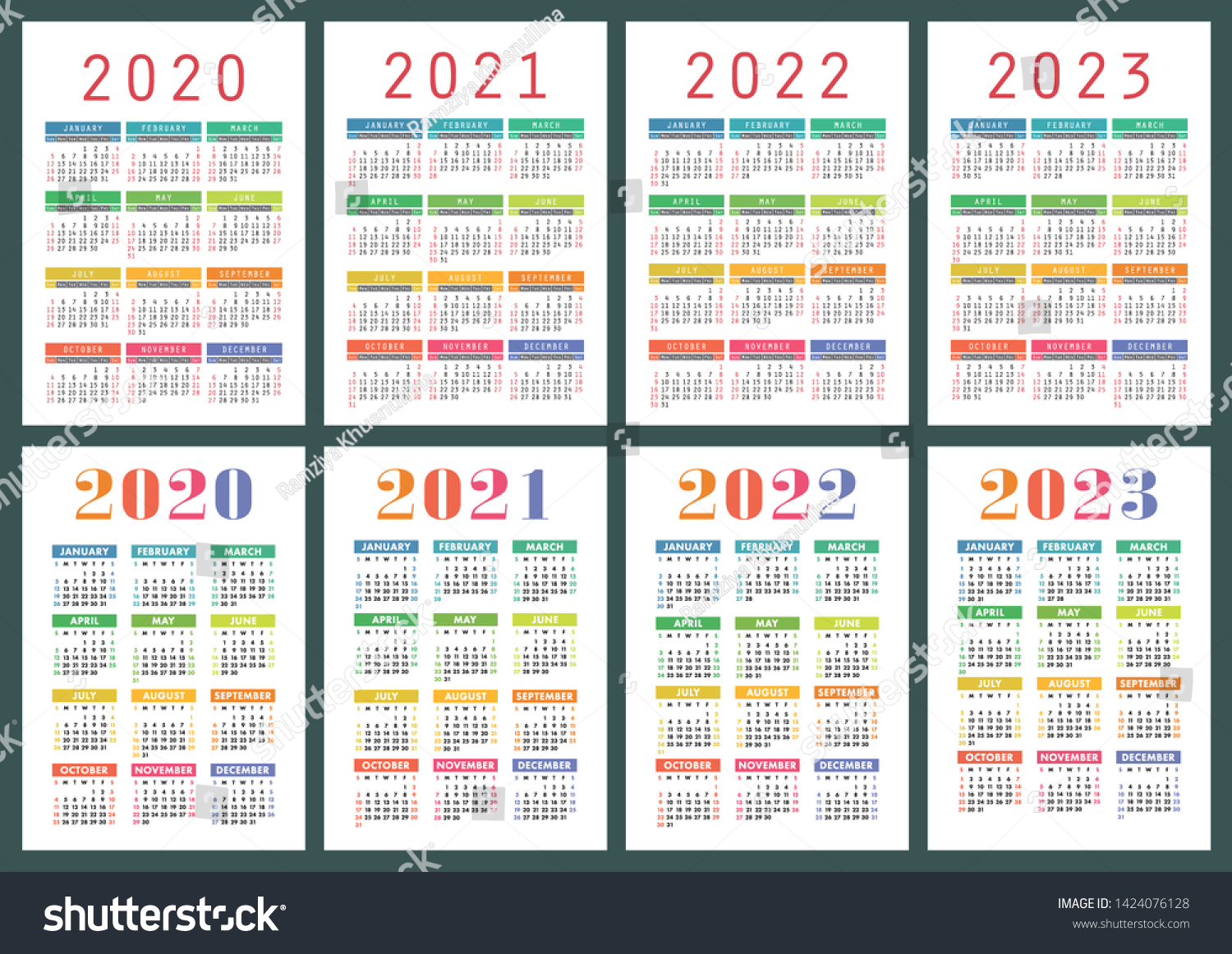 Calendar 2020 2021 2022 2023 English Stock Vector Royalty Free 1424076128 Shutterstock 4072