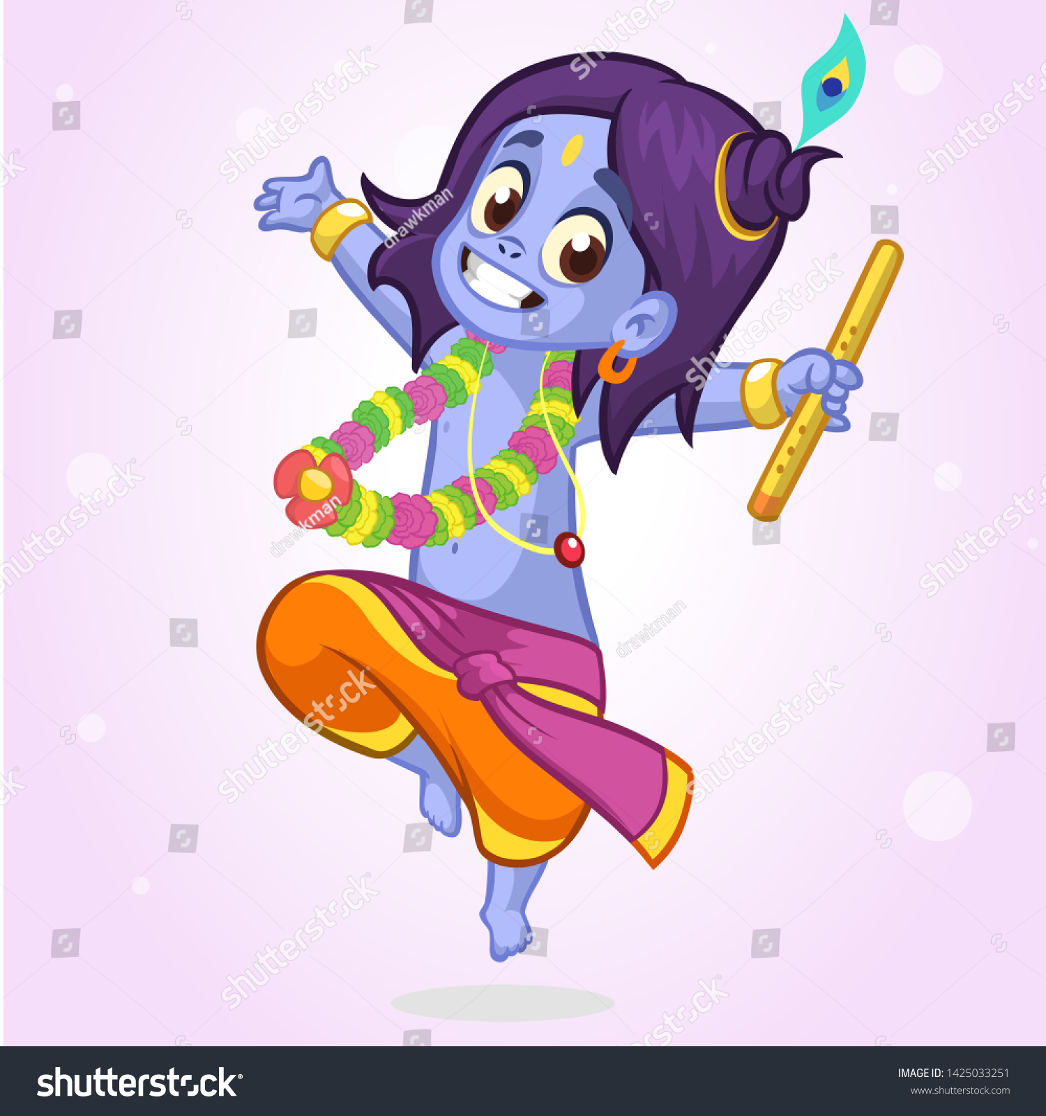 Cartoon Little Krishna Dancing Flute Illustration Stock Illustration ...