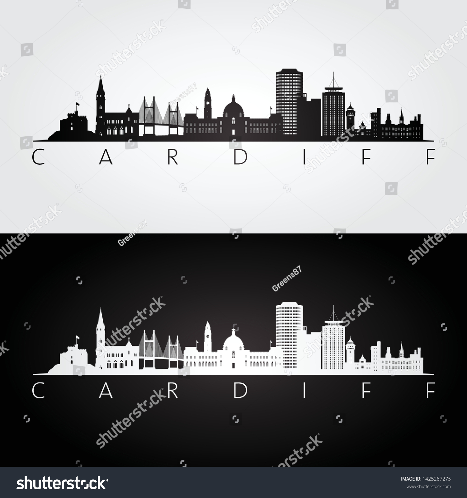 Cardiff Skyline Landmarks Silhouette Black White Stock Vector (Royalty ...