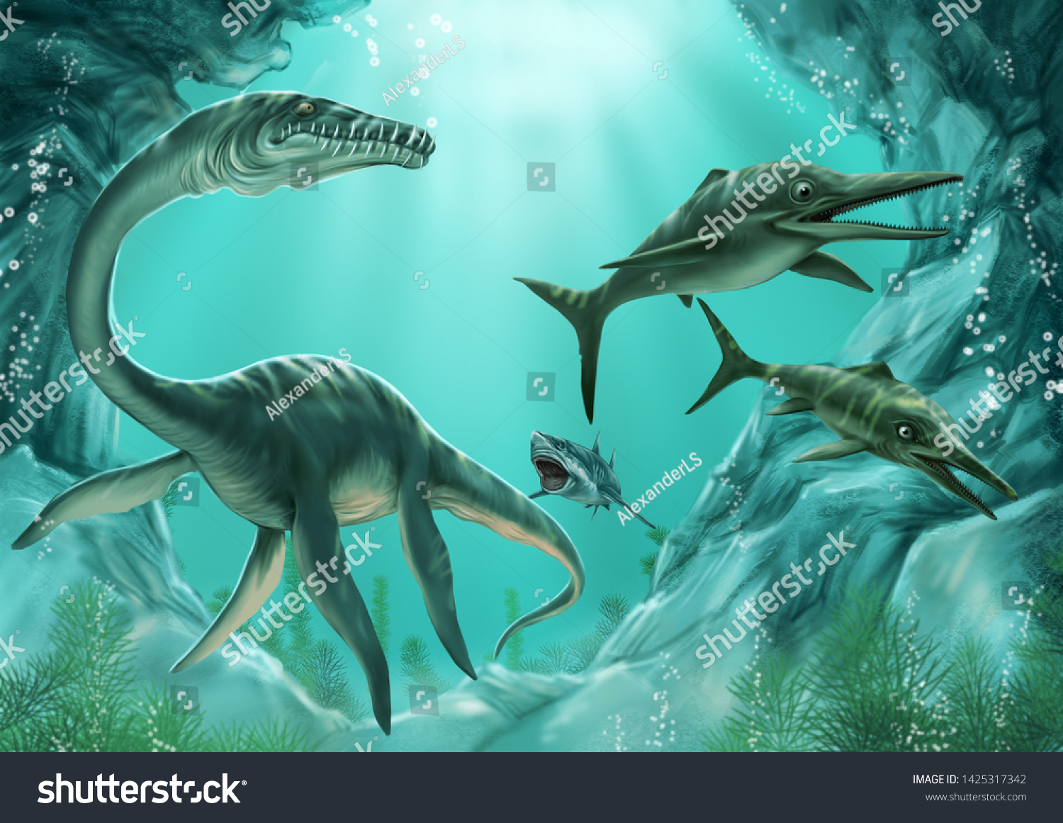 Ancient Dinosaurs Pterosaurs Ichthyosaurs Ancient Crocodiles Stock ...