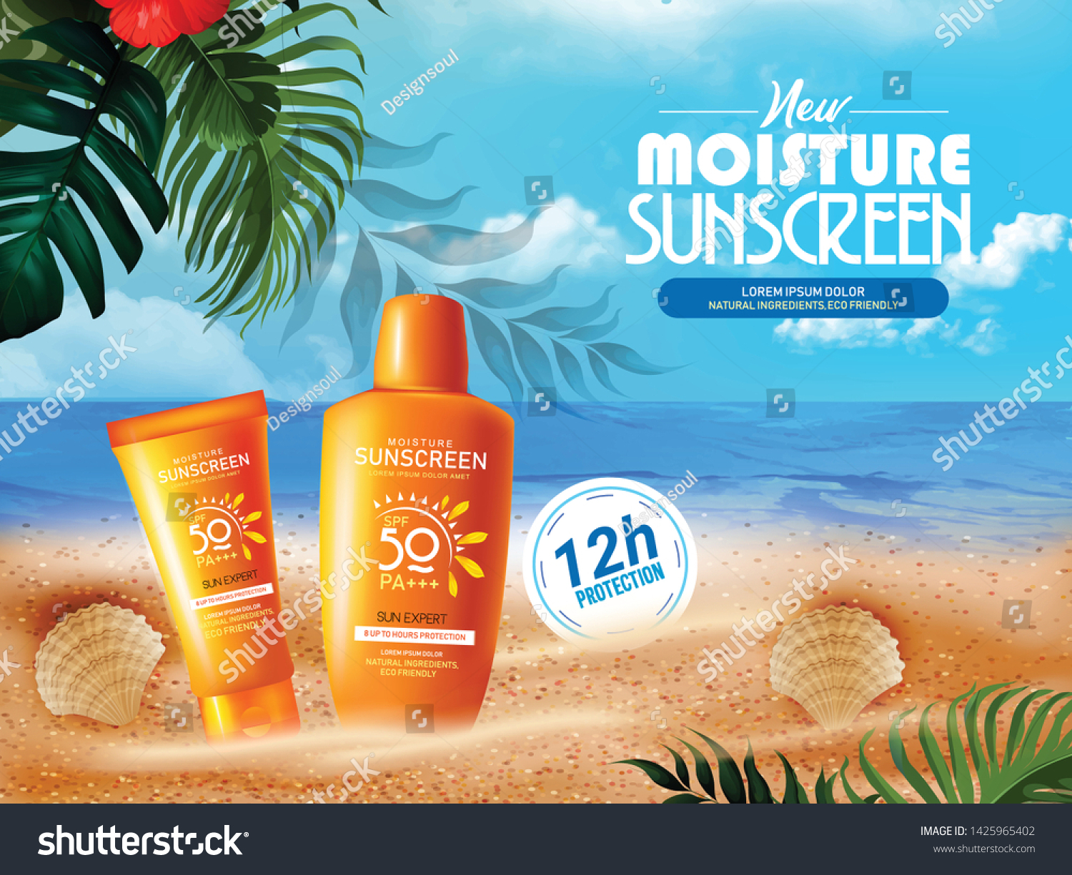 Illustration 3d Sunscreen Ads On Beautiful Stock Vector (Royalty Free ...