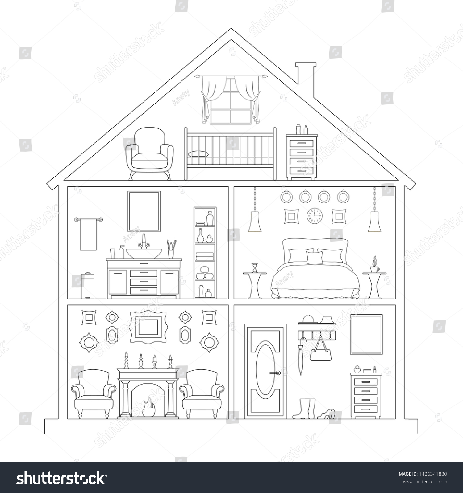 Outline Style House Linear Model Cottage Stock Vector (Royalty Free ...