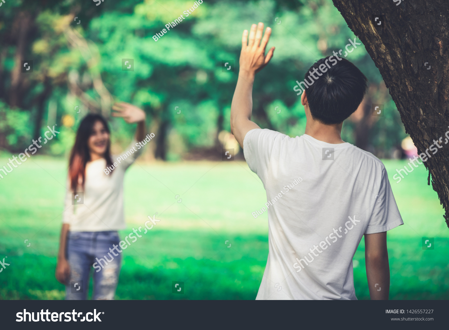 Young People Man Woman Greeting Saying Stock Photo 1426557227 ...