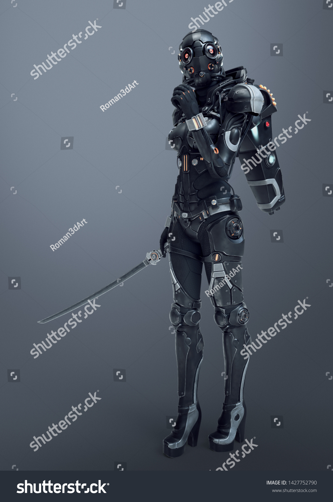 Science Fiction Cyborg Female Standing And Holding Futuristic Japanese